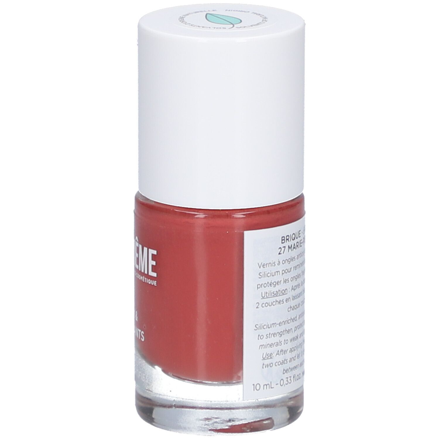 Nagellackflasche, Rückseite. Rote Flüssigkeit. Weißer Deckel. Produktinformationen und Inhaltsstoffe.