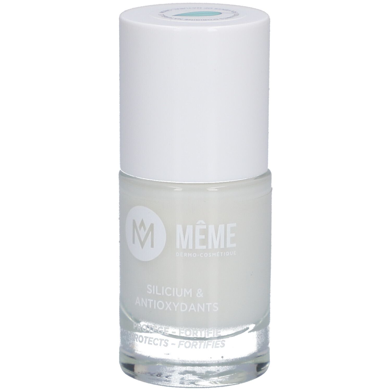 Nagellackflasche, weißer Deckel, helle Flüssigkeit. Aufschrift: MEME, Silicium & Antioxidantien.