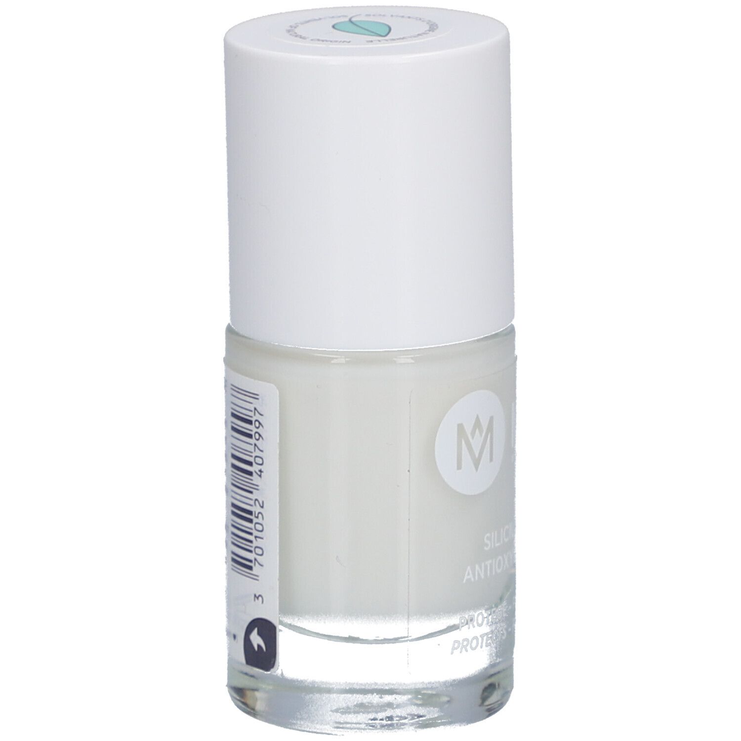 Nagellackflasche, weißer Deckel, helle Flüssigkeit. Rückseite mit Barcode und Text.
