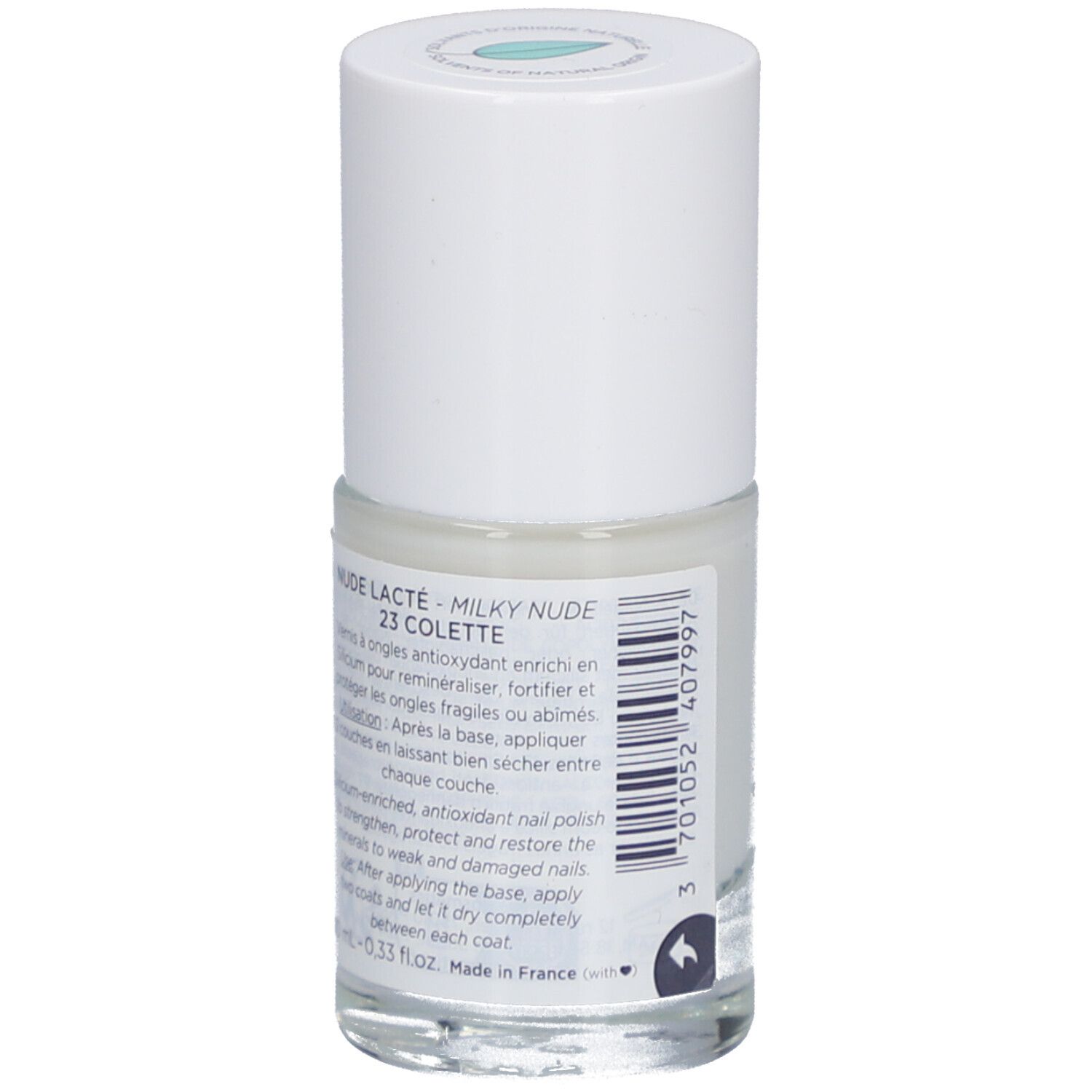 Nagellackflasche, weißer Deckel, helle Flüssigkeit. Text: Nude Lacté, 23 Colette. Inhaltsangaben.
