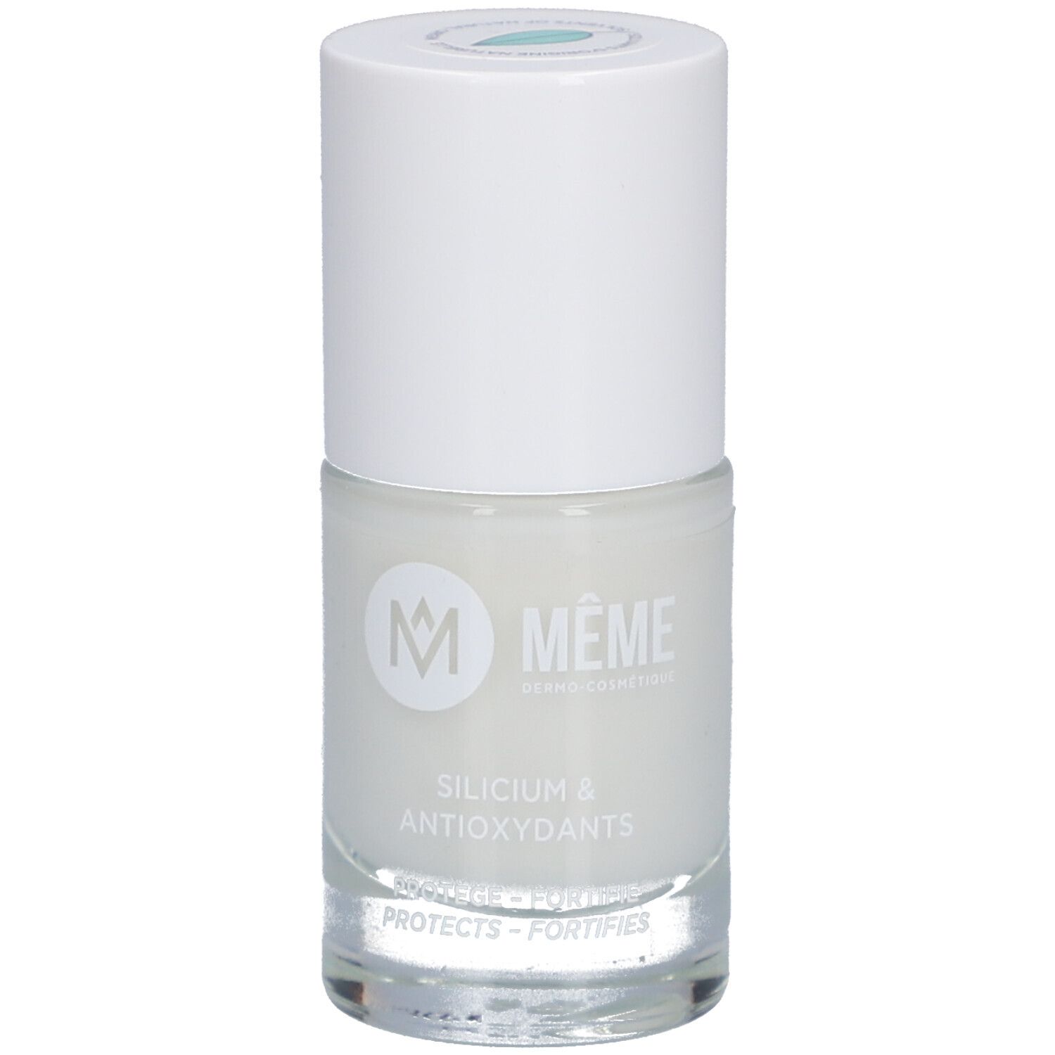 Nagellackflasche, weißer Deckel, helle Flüssigkeit. Aufschrift: MEME, Silicium & Antioxidantien.