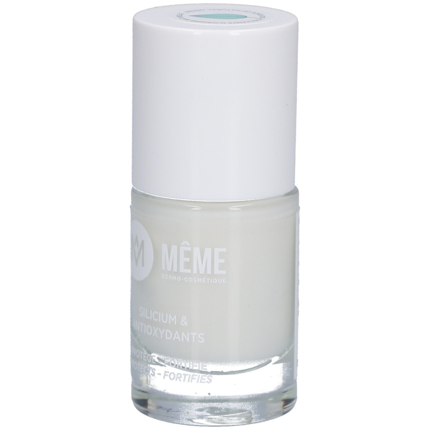 Nagellackflasche, weißer Deckel, helle Flüssigkeit. Aufschrift: MEME, Silicium & Antioxidantien.
