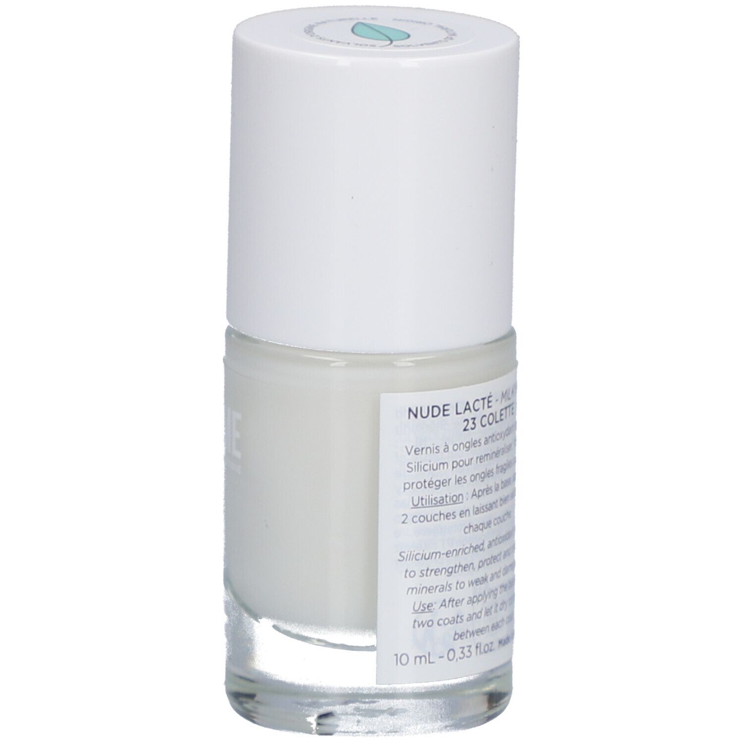 Nagellackflasche, weißer Deckel, helle Flüssigkeit. Text: Nude Lacté, 23 Colette. 10 ml.
