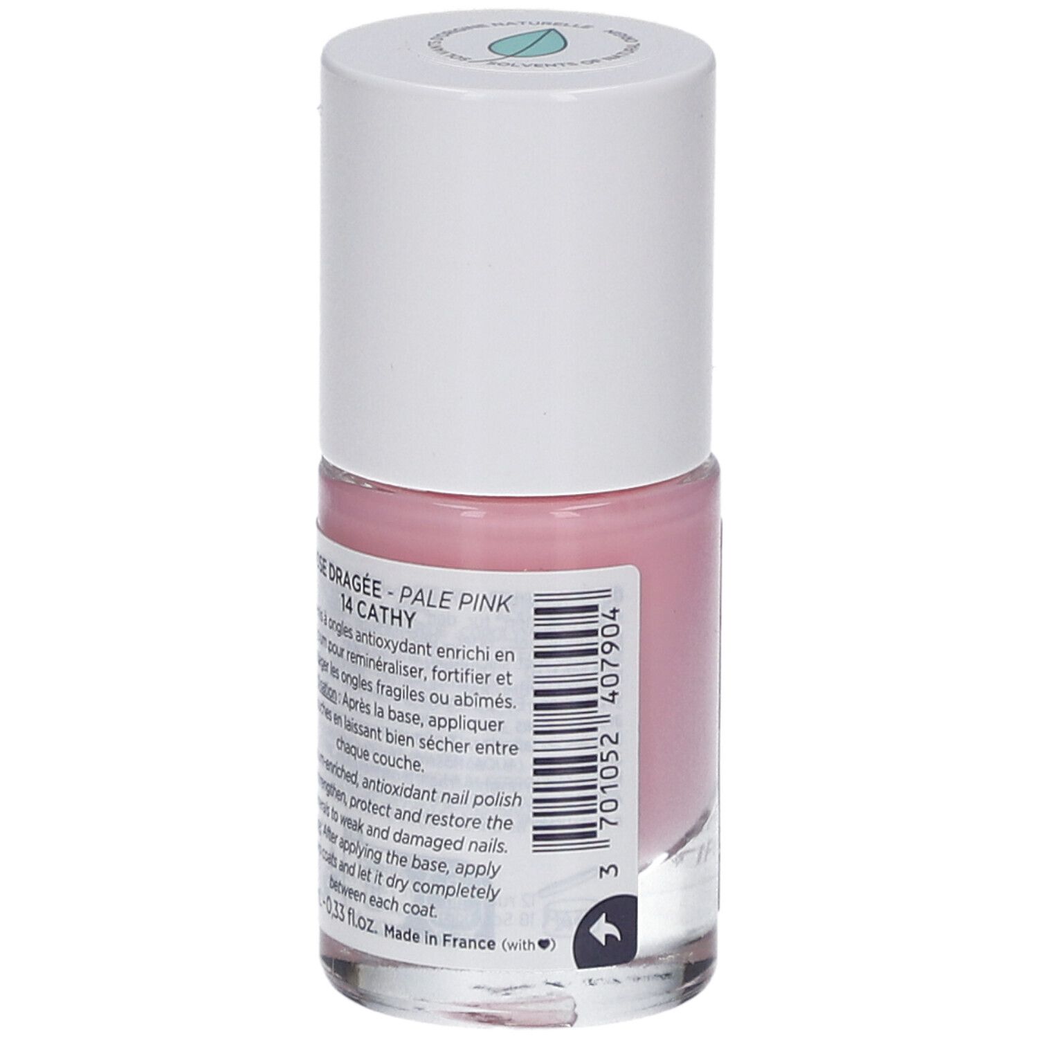 Nagellackflasche, rosa. Weißer Deckel. Produktinformationen auf Etikett.