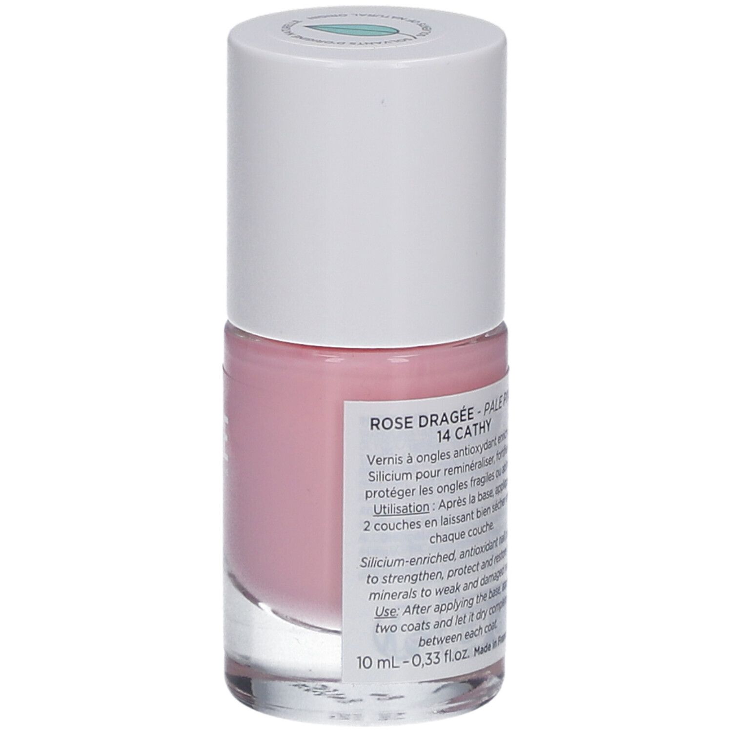 Nagellackflasche, rosa. Weißer Deckel. Produktinformationen auf Etikett.