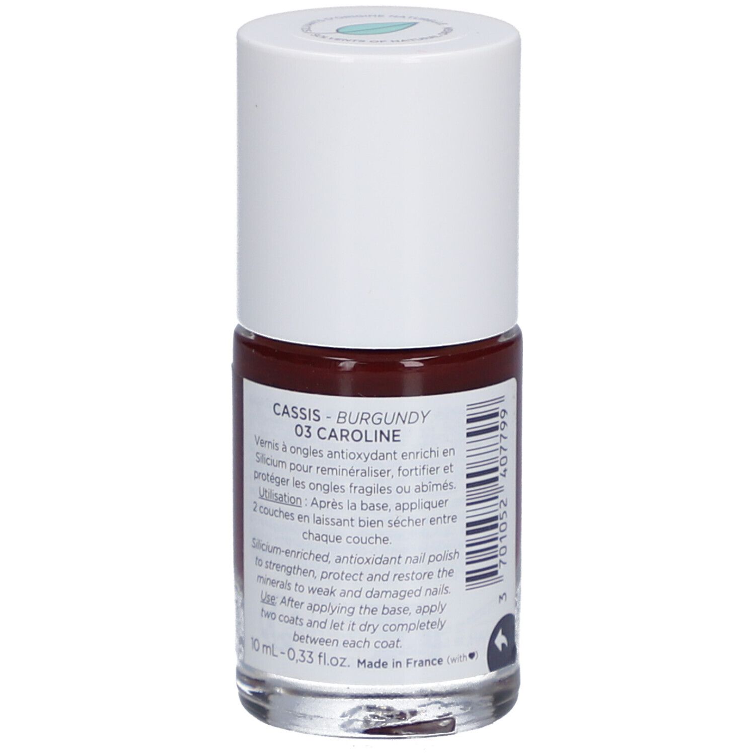 Nagellackflasche mit Produktinformationen. Farbton Cassis 03 Caroline. 10 ml.