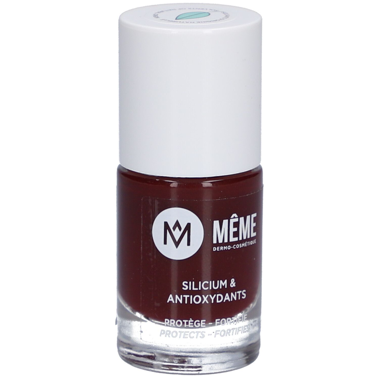 Nagellackflasche mit weißem Deckel. Aufschrift: MÊME, Silicium & Antioxidantien. Farbton Cassis.