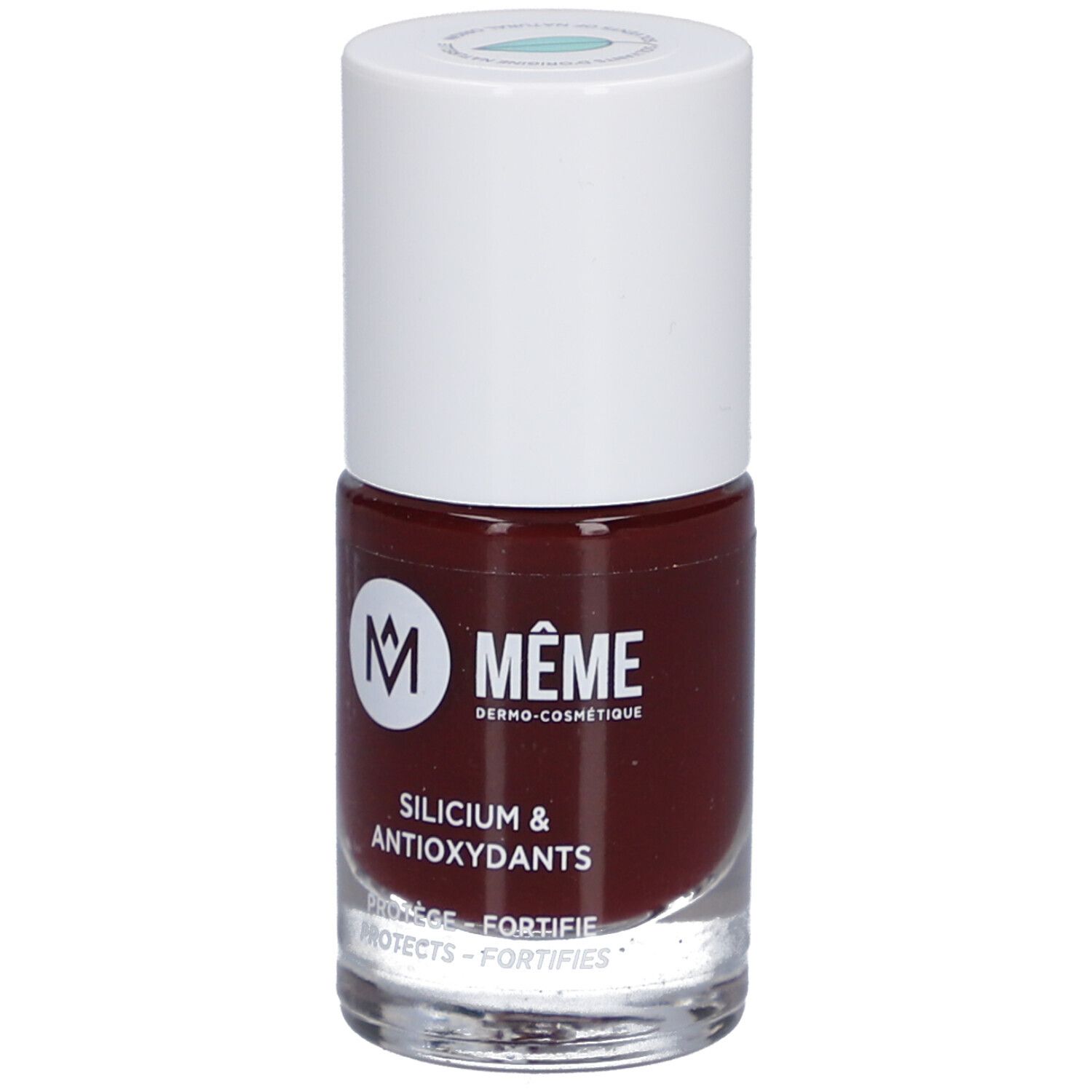 Nagellackflasche mit weißem Deckel. Aufschrift: MÊME, Silicium & Antioxidantien. Farbton Cassis.