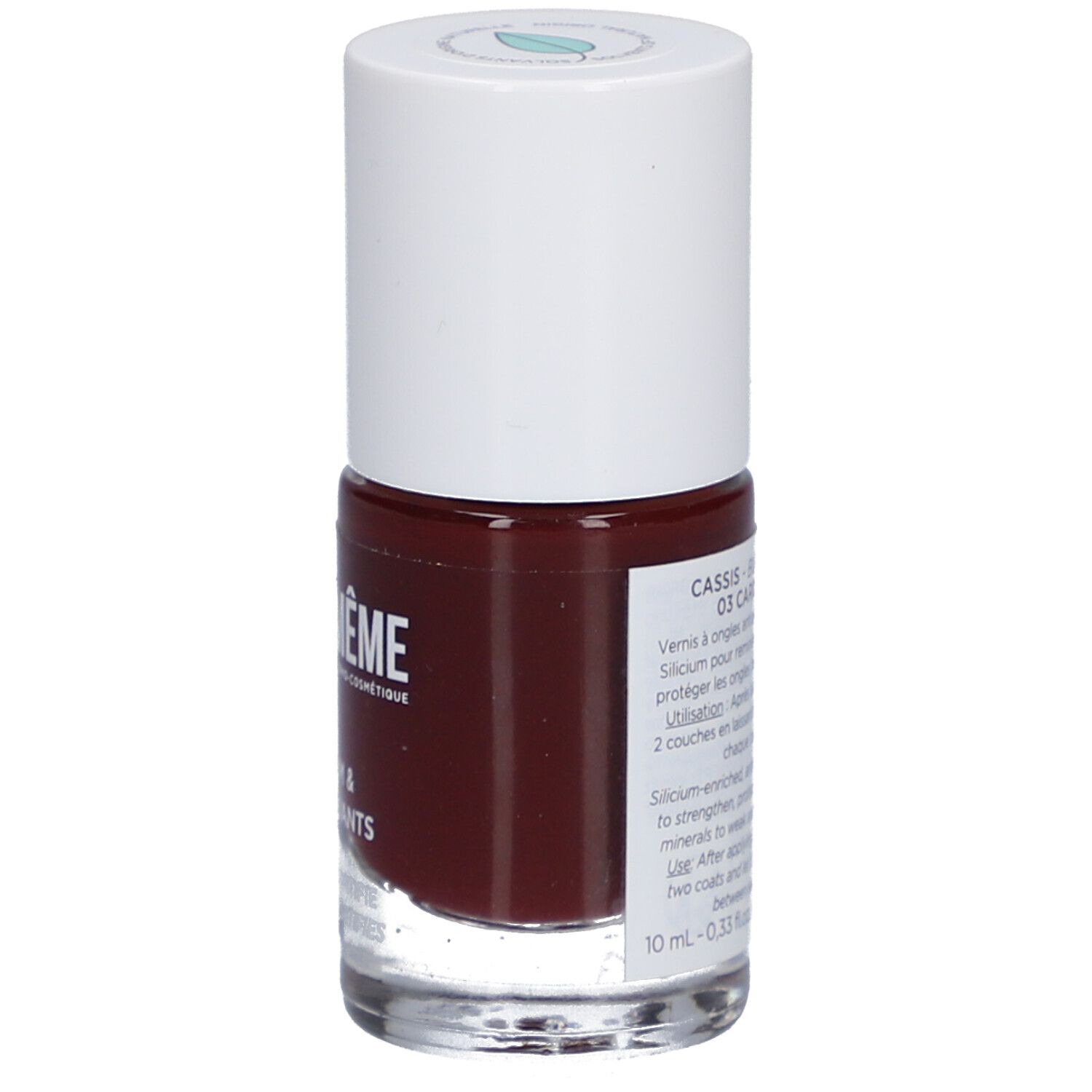 Nagellackflasche mit Produktinformationen. Farbton Cassis. 10 ml.