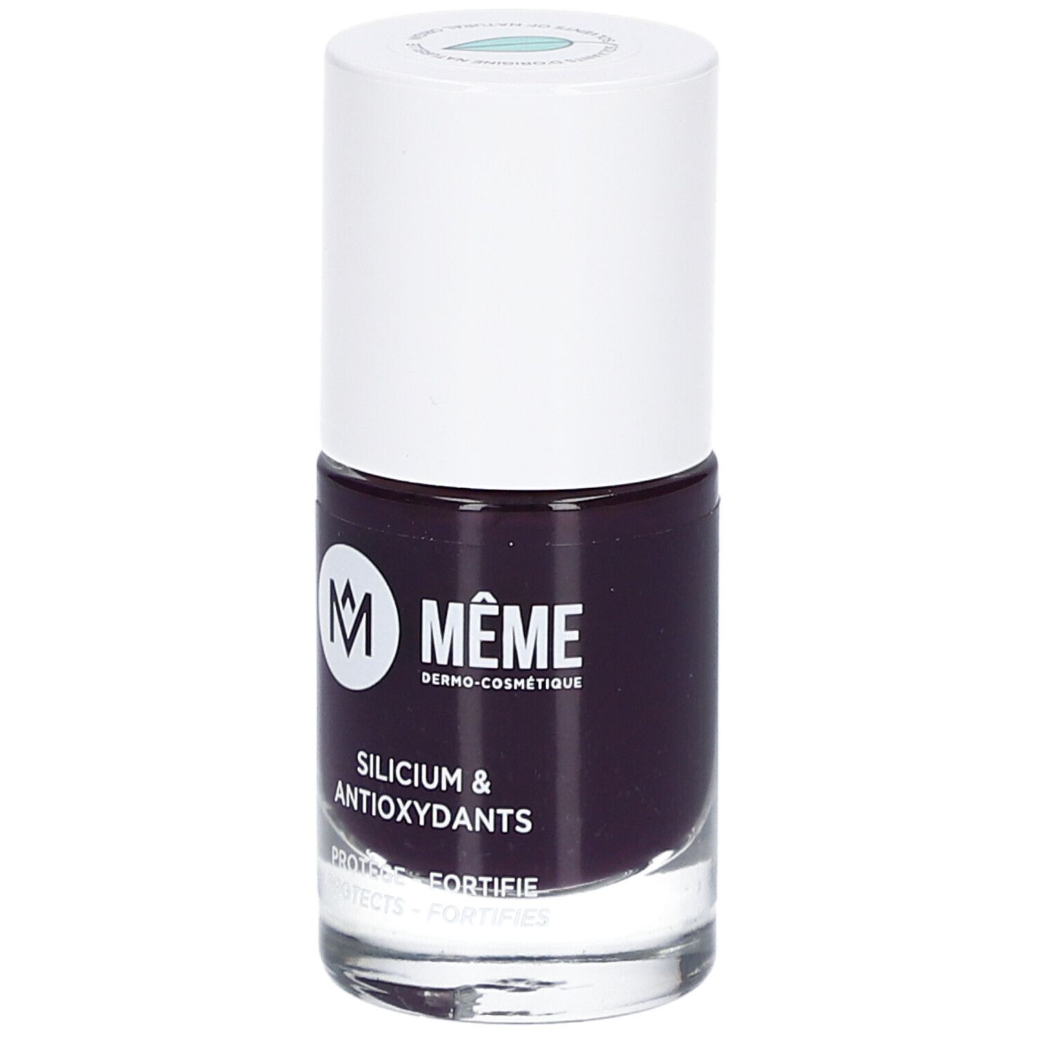 Nagellackflasche, Aubergine 08 Nathalie. Weißer Deckel, dunkellila Lack. Aufschrift: MÊME, Silicium & Antioxidantien.