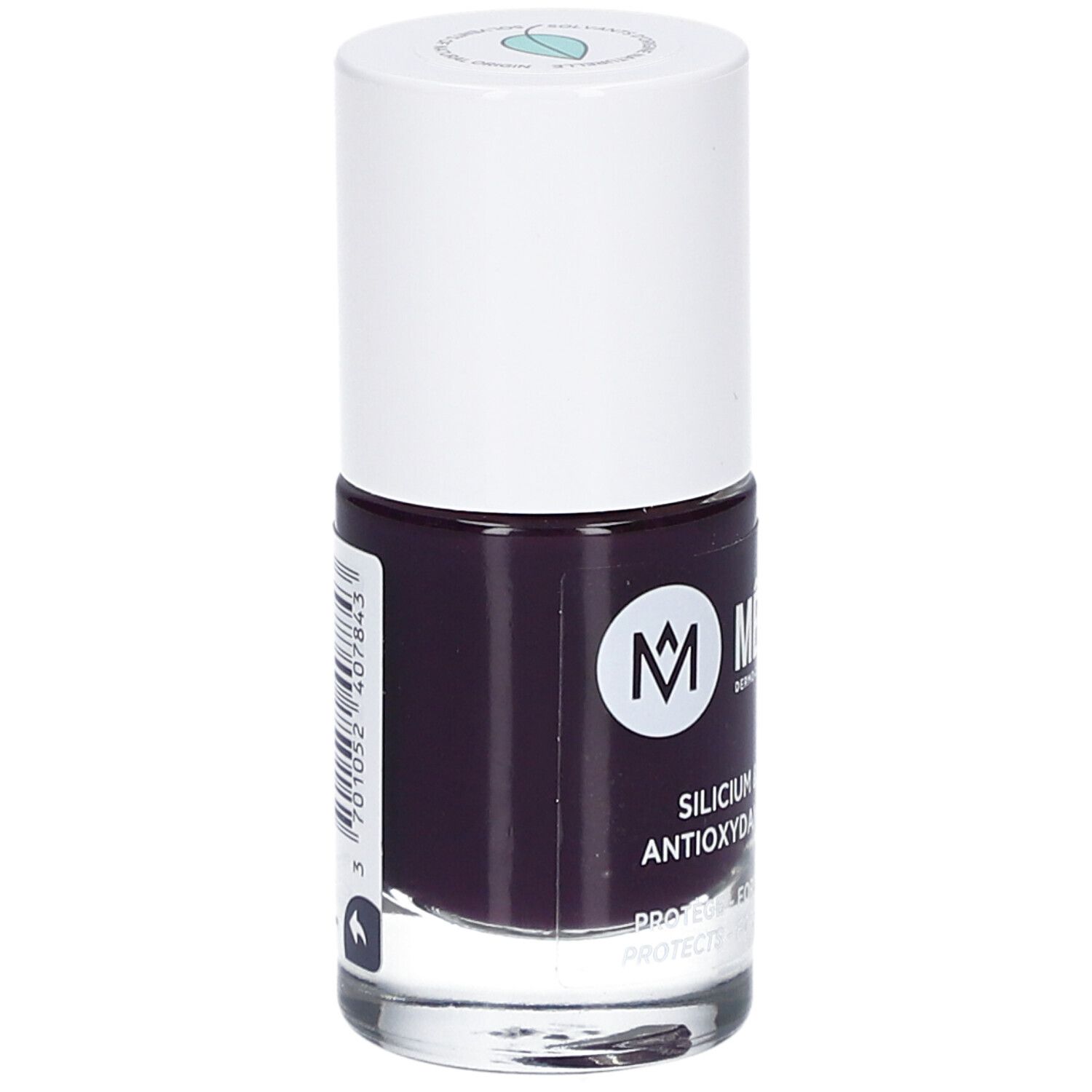 Nagellackflasche, Aubergine 08 Nathalie. Weißer Deckel, dunkellila Lack. Aufschrift: MÊME, Silicium & Antioxidantien. Etikett.