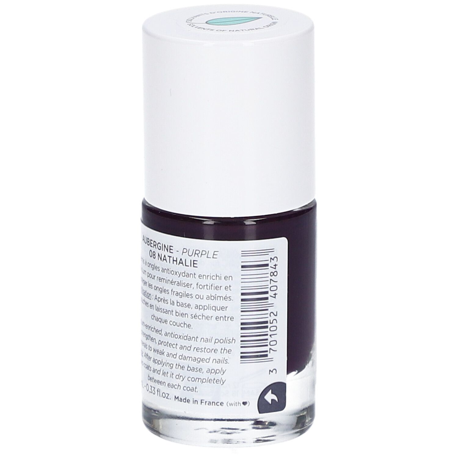 Nagellackflasche, Aubergine 08 Nathalie. Weißer Deckel, dunkellila Lack. Etikett mit Produktinformationen und Barcode.