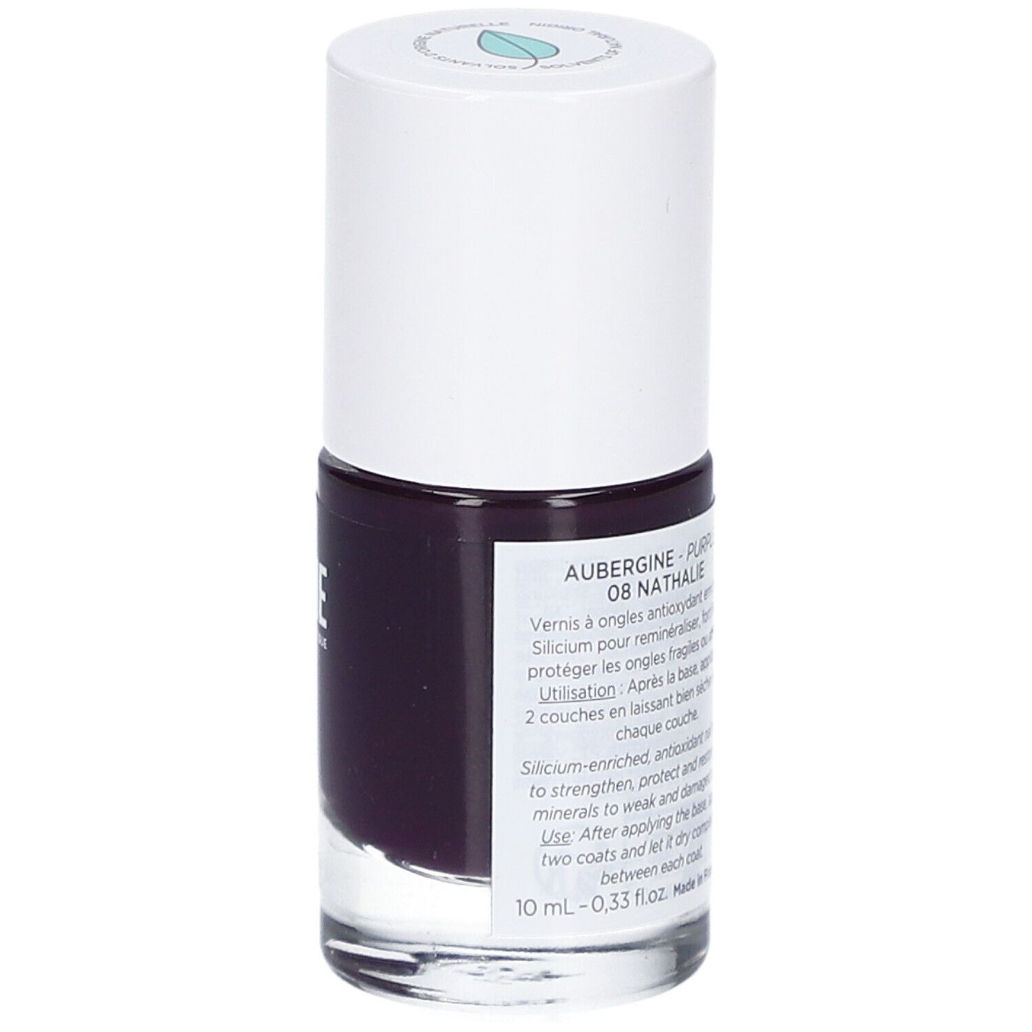 Nagellackflasche, Aubergine 08 Nathalie. Weißer Deckel, dunkellila Lack. Etikett mit Produktinformationen und Volumen.