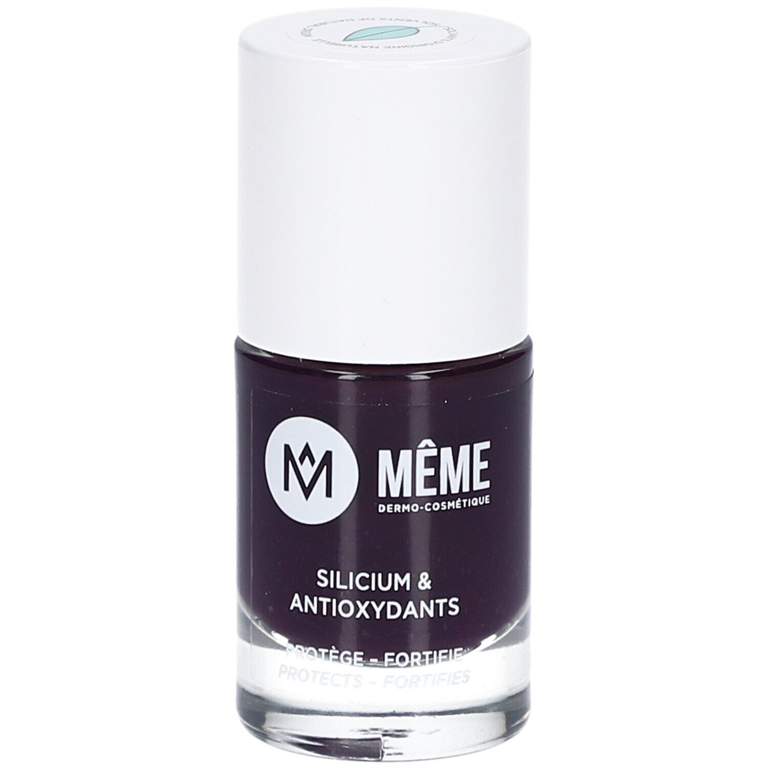 Nagellackflasche, Aubergine 08 Nathalie. Weißer Deckel, dunkellila Lack. Aufschrift: MÊME, Silicium & Antioxidantien. Logo.