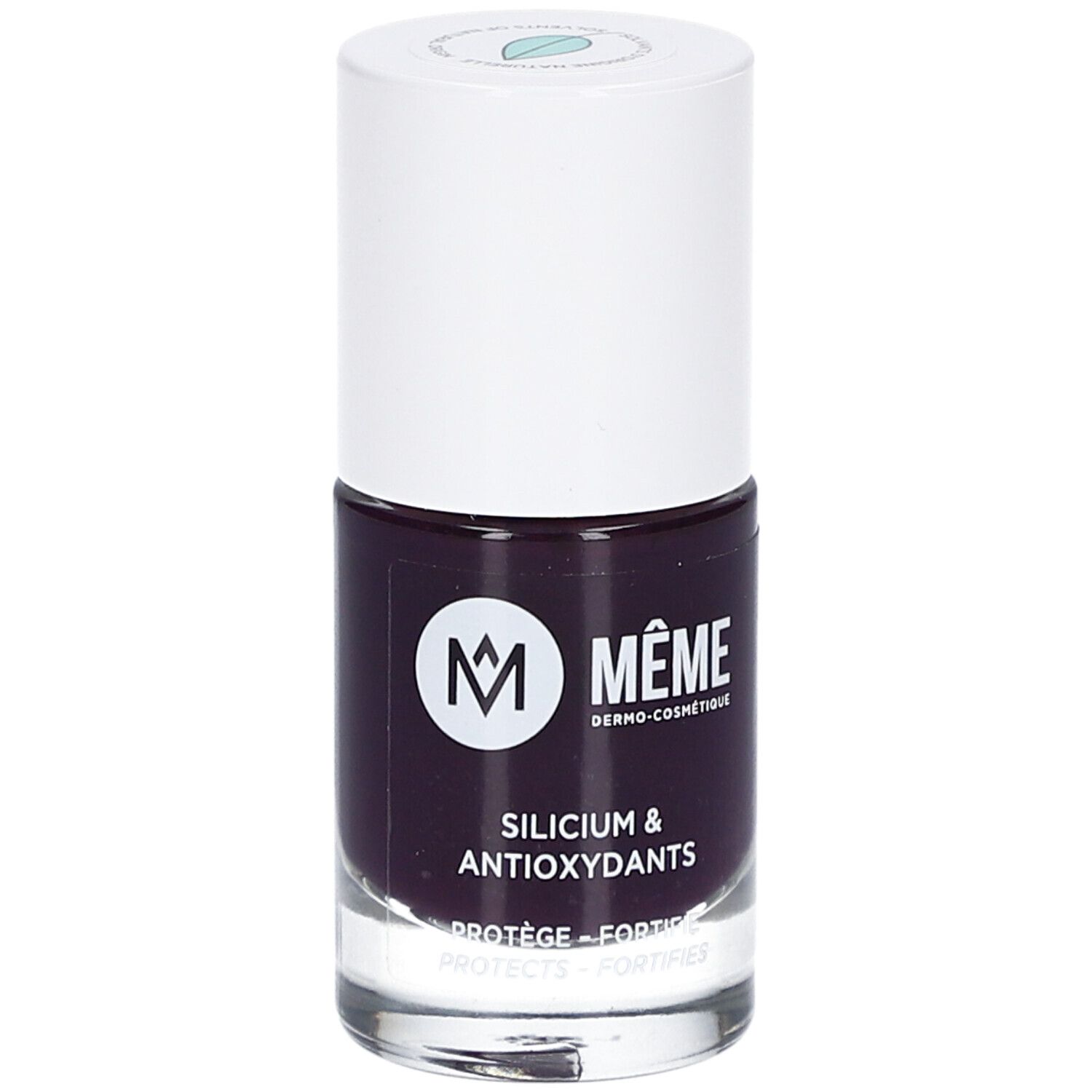Nagellackflasche, Aubergine 08 Nathalie. Weißer Deckel, dunkellila Lack. Aufschrift: MÊME, Silicium & Antioxidantien. Logo.