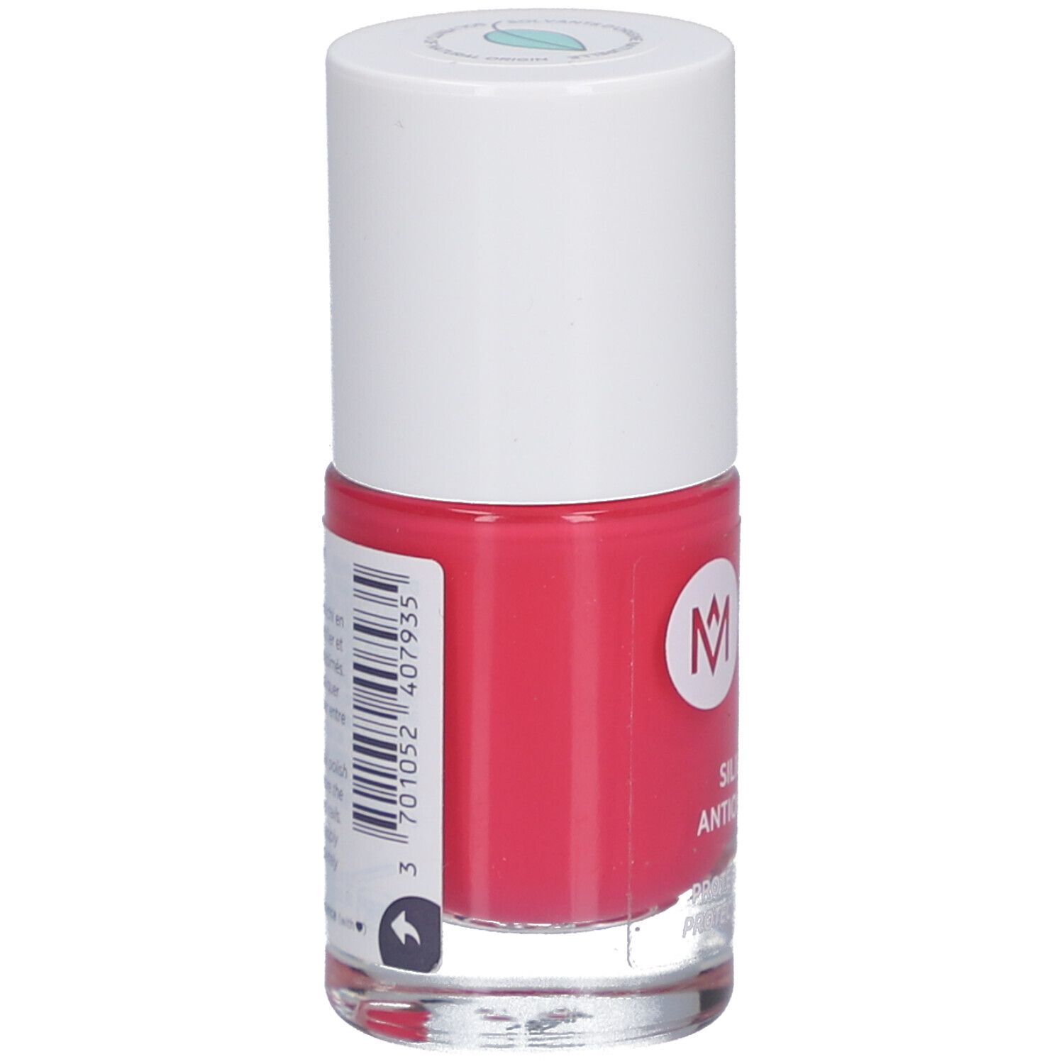 Nagellackflasche, rosa. Aufschrift: MEME. Barcode und Produktinformationen auf der Rückseite.