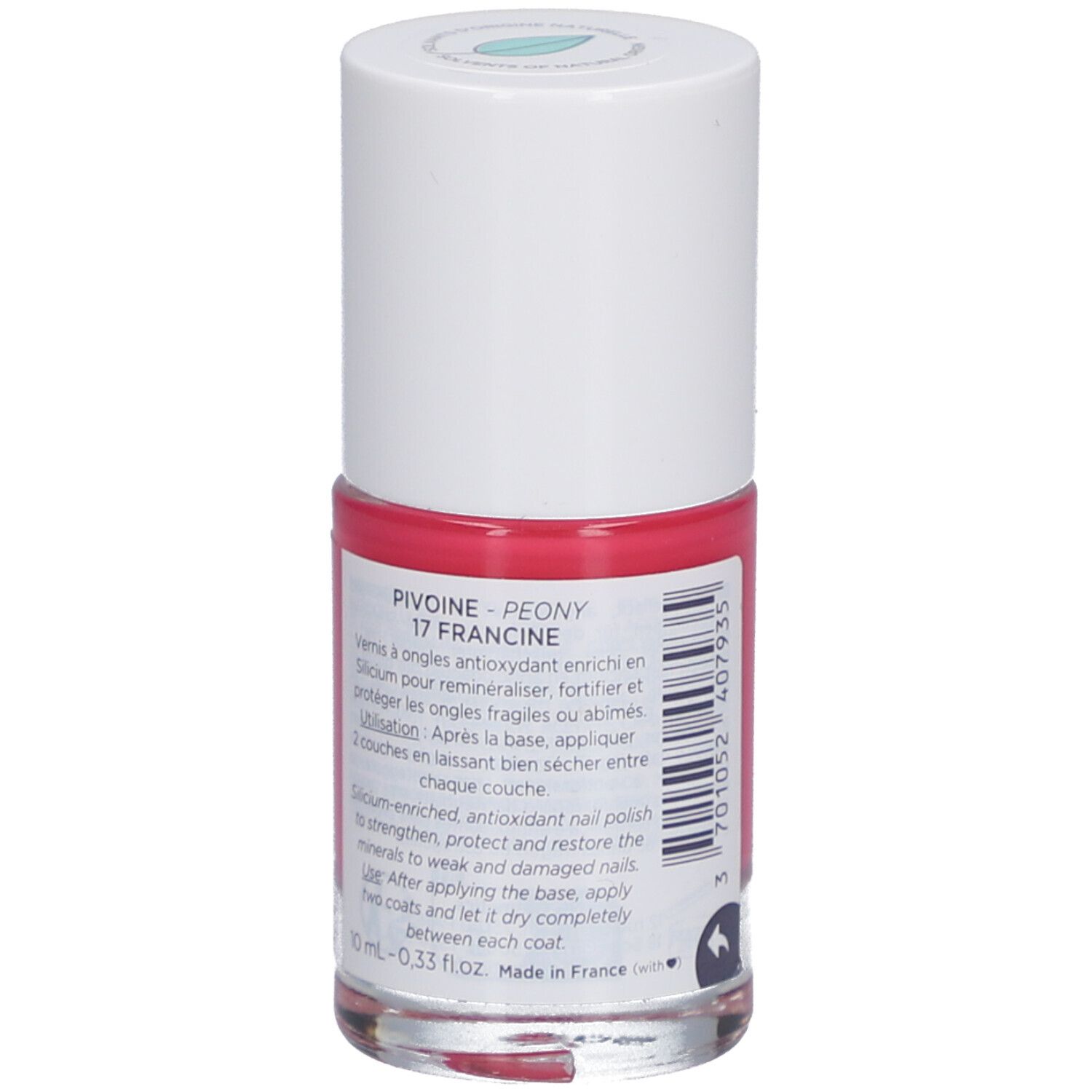 Nagellackflasche, rosa. Aufschrift: Pivoine - Peony 17 Francine. Produktinformationen auf der Rückseite.