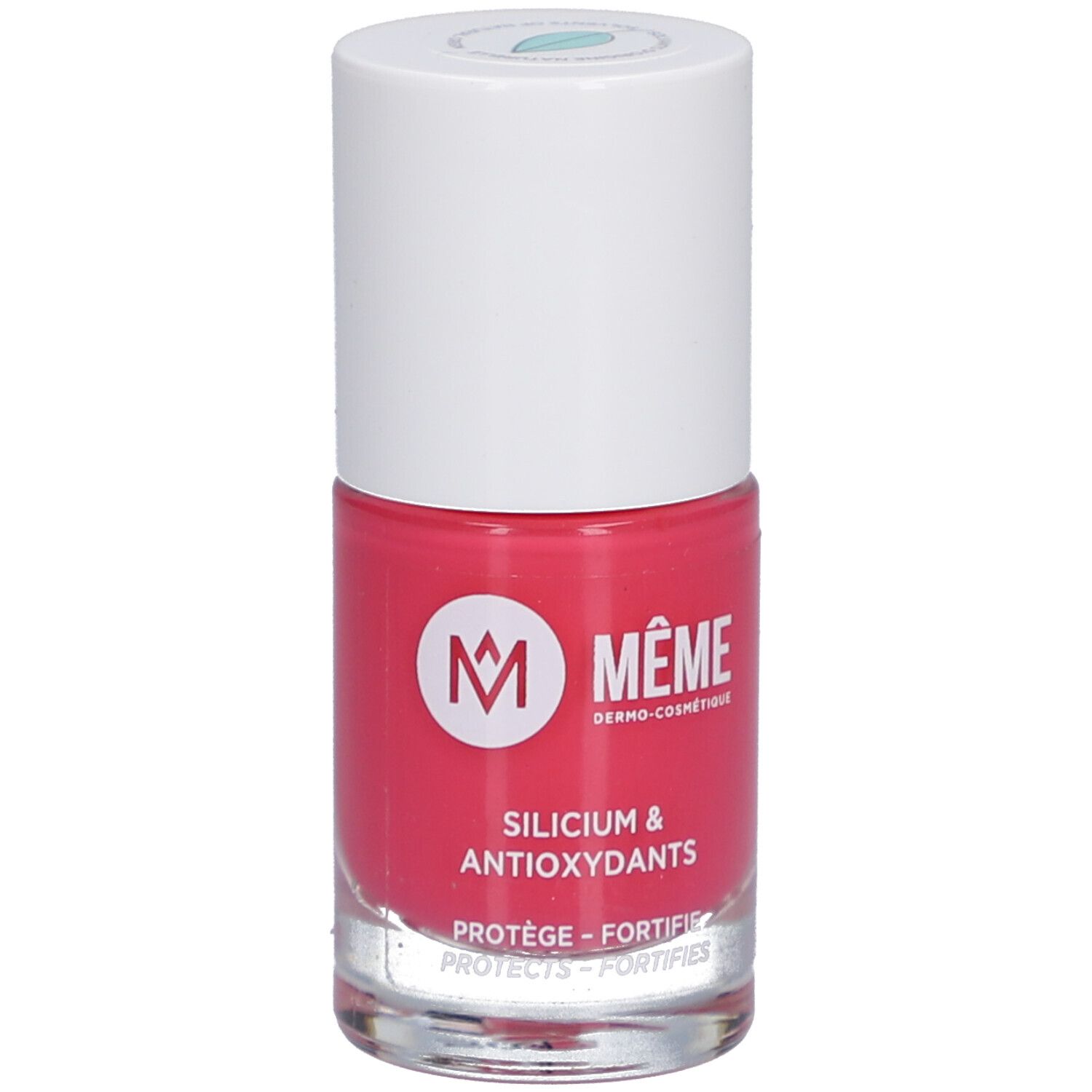 Nagellackflasche, rosa. Aufschrift: MEME, Silicium & Antioxidantien. Weißer Deckel.