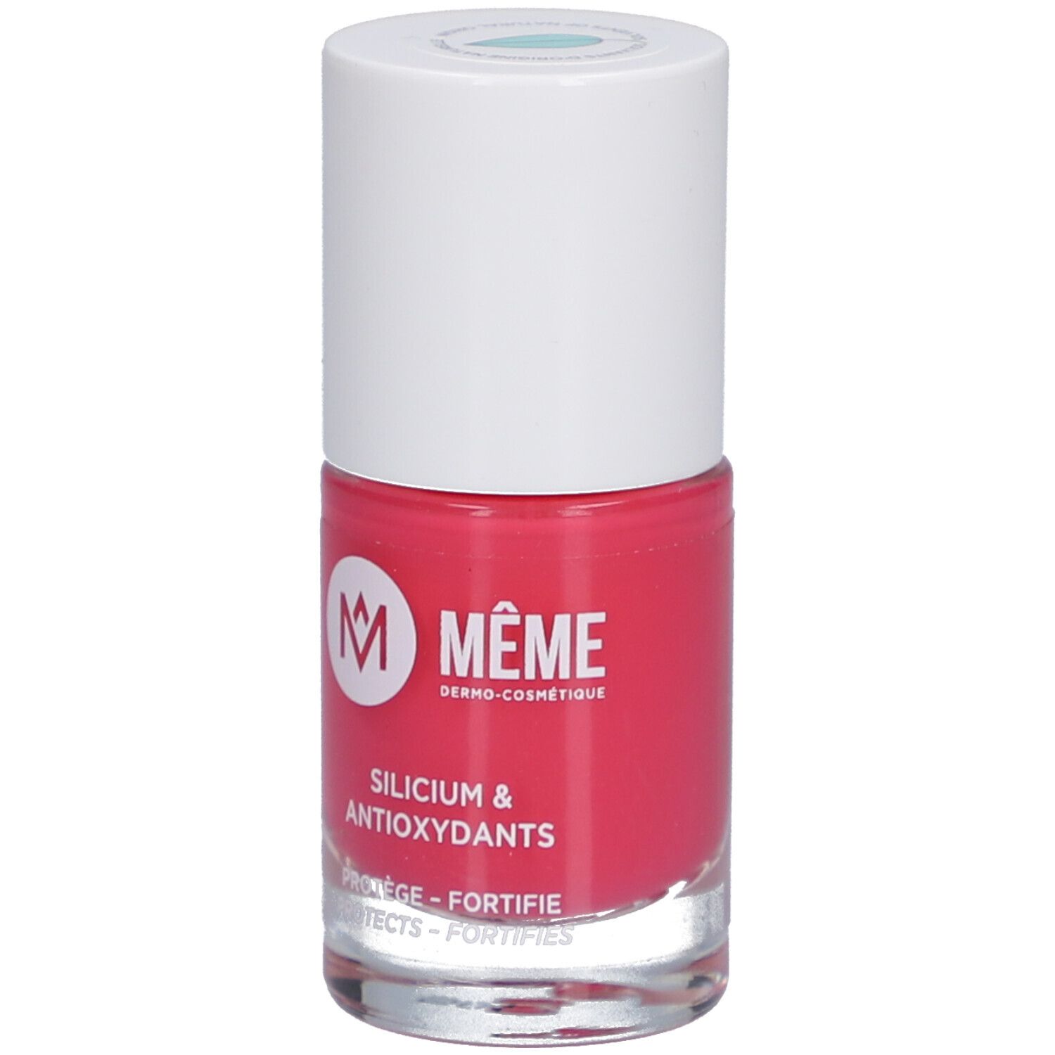Nagellackflasche, rosa. Aufschrift: MEME, Silicium & Antioxidantien. Weißer Deckel.