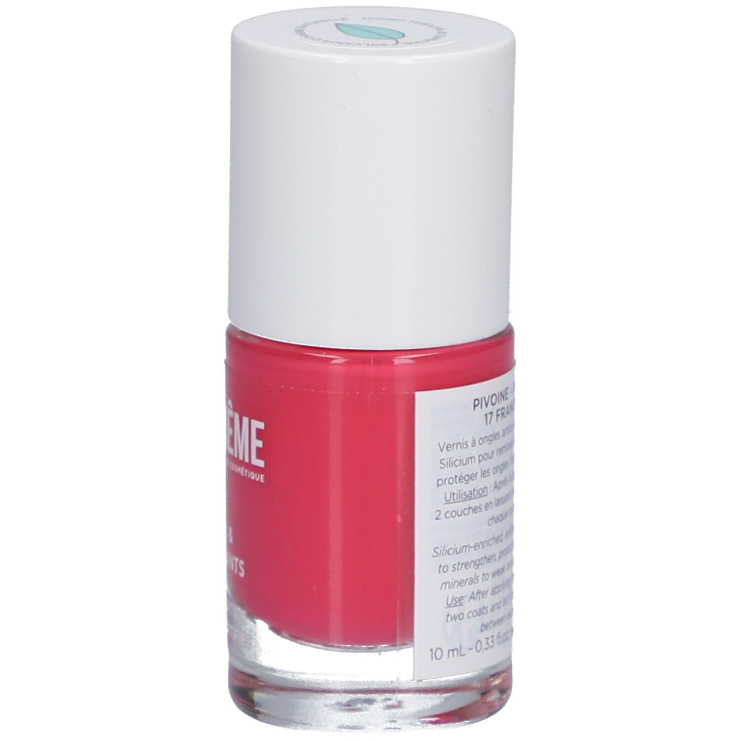 Nagellackflasche, rosa. Aufschrift: MEME, Pivoine 17 Francine. Produktinformationen auf der Rückseite.