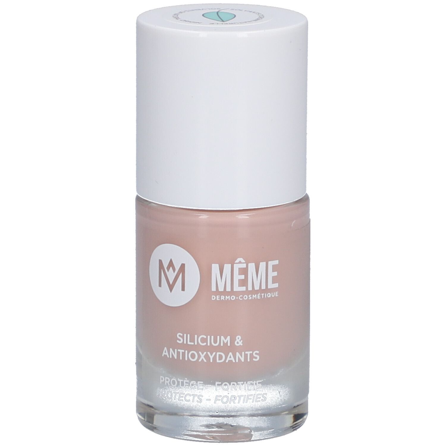Nagellackflasche mit weißem Deckel. Aufschrift: MÊME Dermo-Cosmétique, Silicium & Antioxydants.