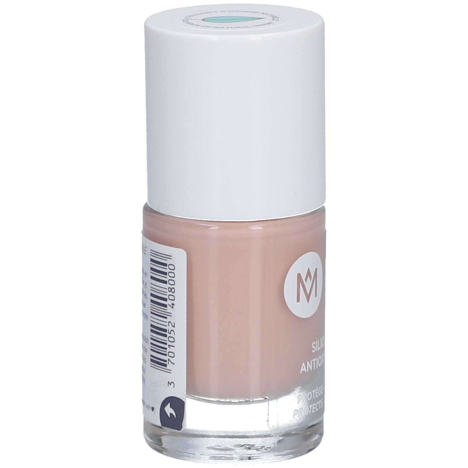 Nagellackflasche mit weißem Deckel. Auf der Seite Barcode und Produktinformationen.
