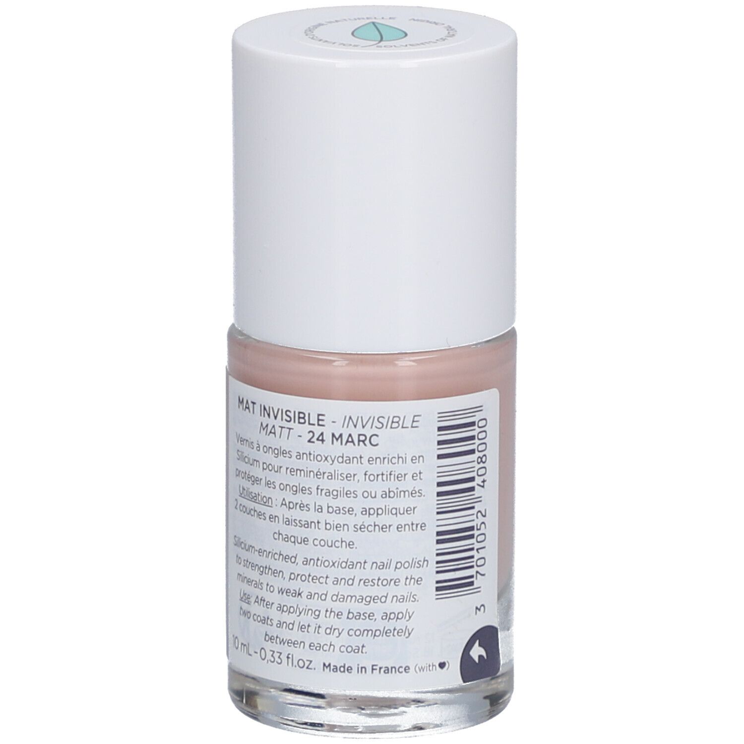 Nagellackflasche mit weißem Deckel. Rückseite mit Produktinformationen und Barcode.
