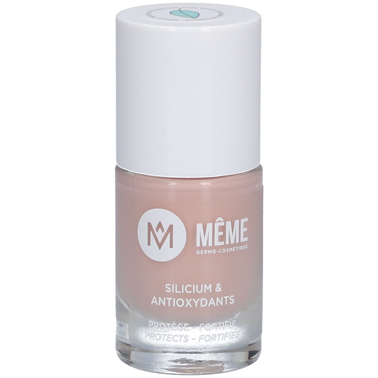 Nagellackflasche mit weißem Deckel. Aufschrift: MÊME Dermo-Cosmétique, Silicium & Antioxydants.