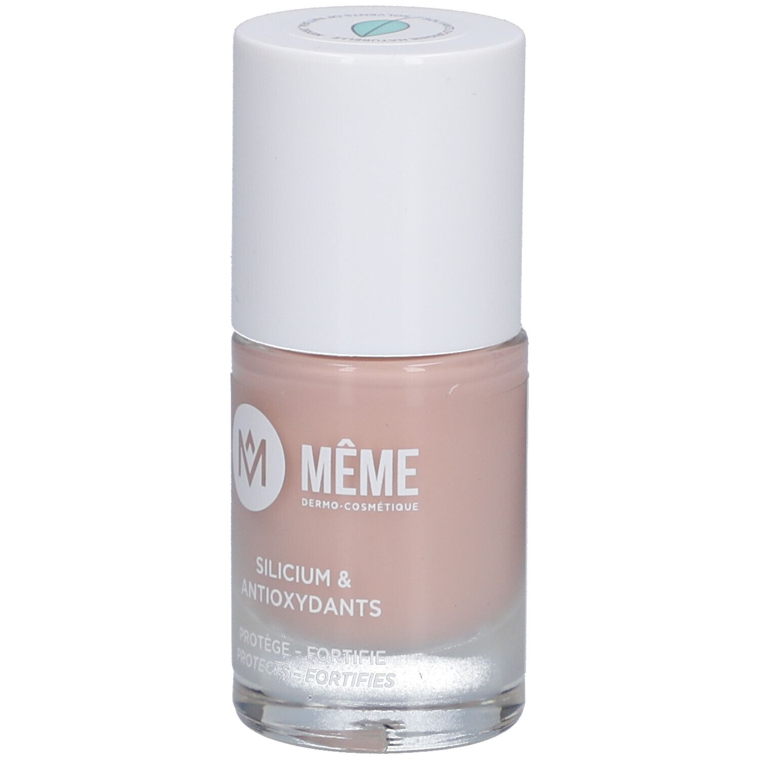 Nagellackflasche mit weißem Deckel. Aufschrift: MÊME Dermo-Cosmétique, Silicium & Antioxydants.