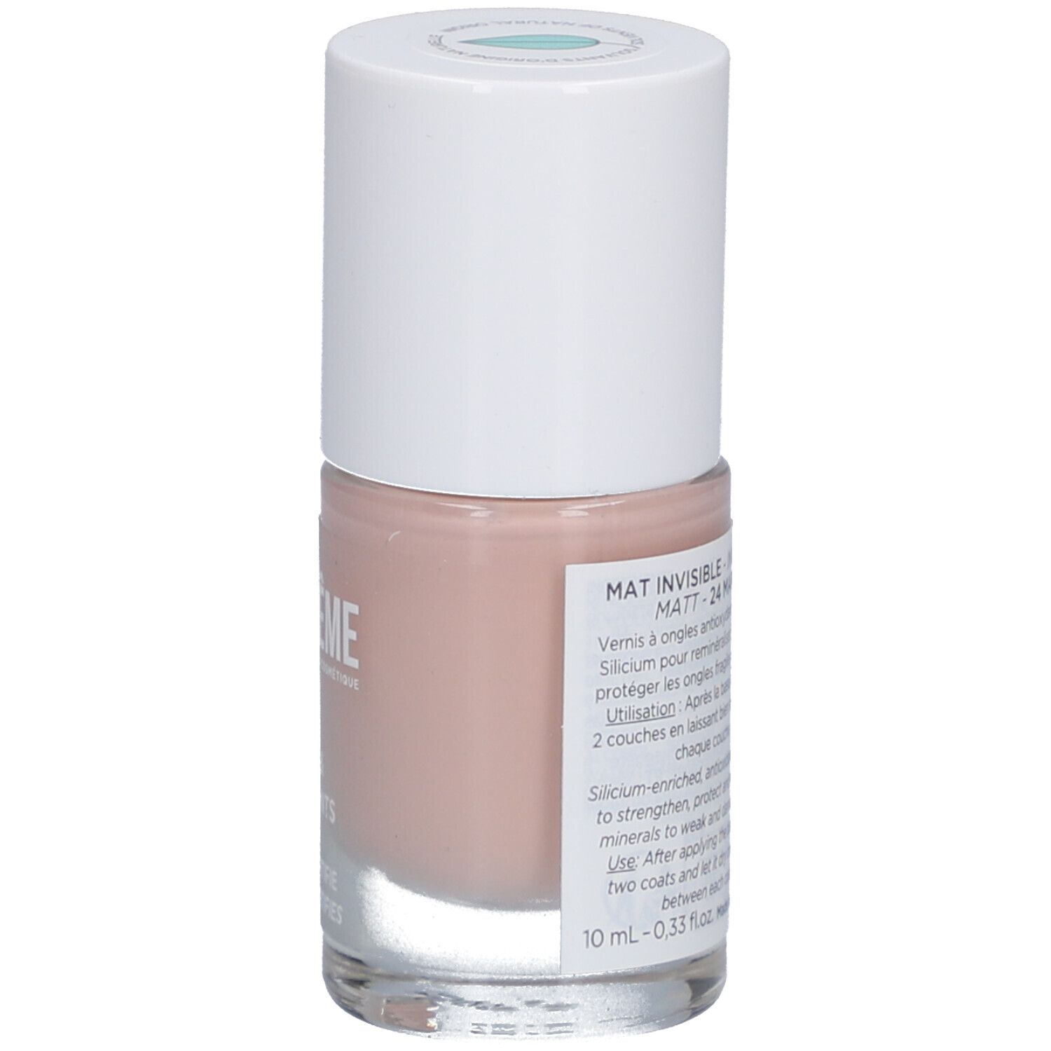 Nagellackflasche mit weißem Deckel. Rückseite mit Produktinformationen und Barcode.