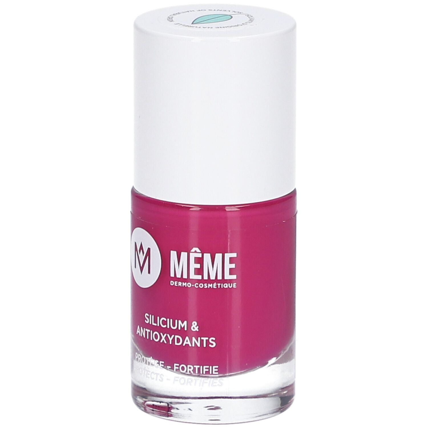 Nagellackflasche, pink. Weißer Deckel. Aufschrift: MÊME, Silicium & Antioxidantien.