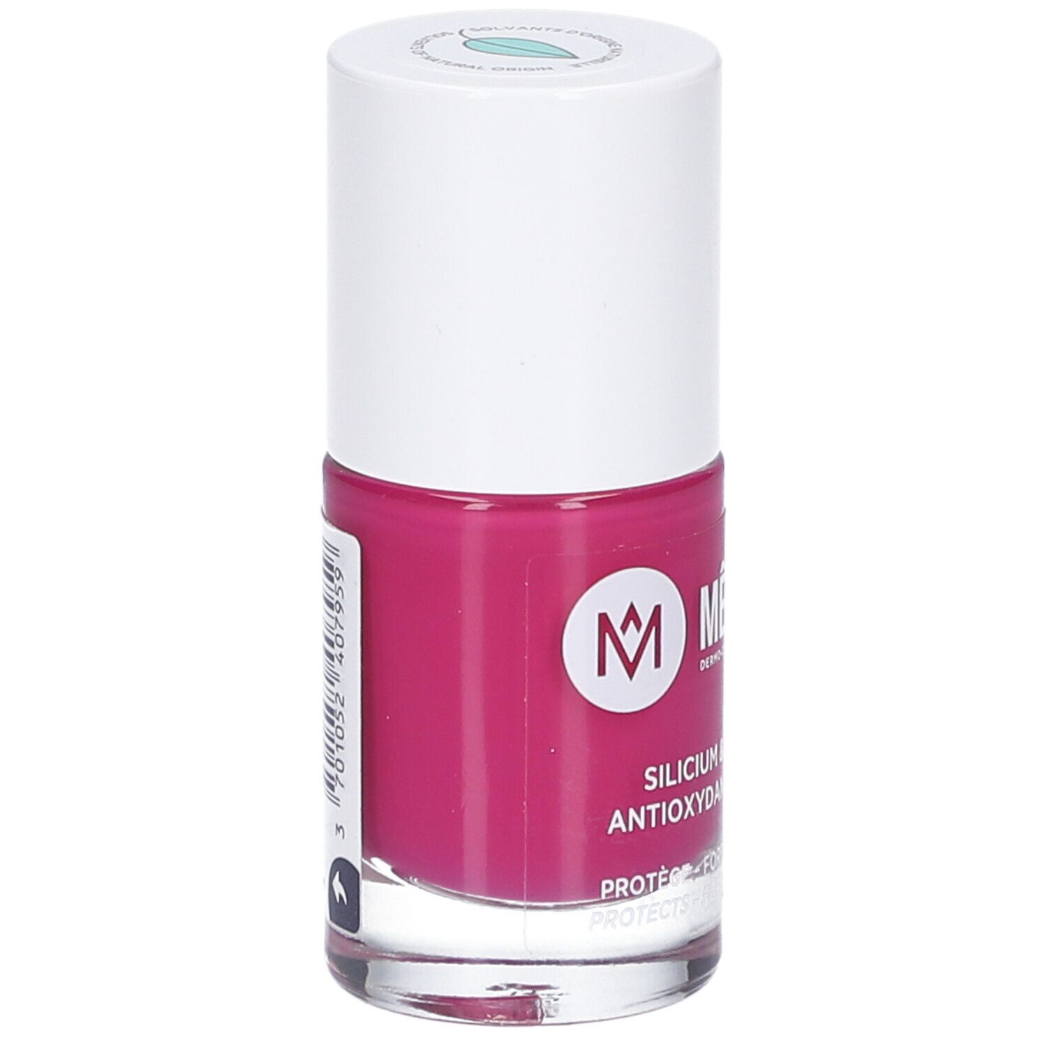 Nagellackflasche, pink. Weißer Deckel. Aufschrift: MÊME, Silicium & Antioxidantien.