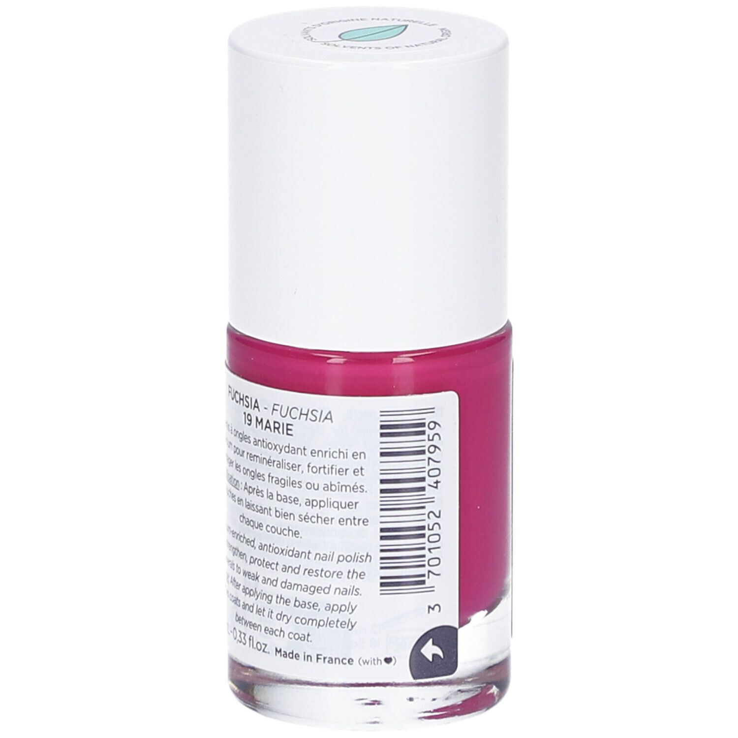 Nagellackflasche, pink. Aufschrift: Fuchsia 19 Marie. Rückseite mit Text und Barcode.