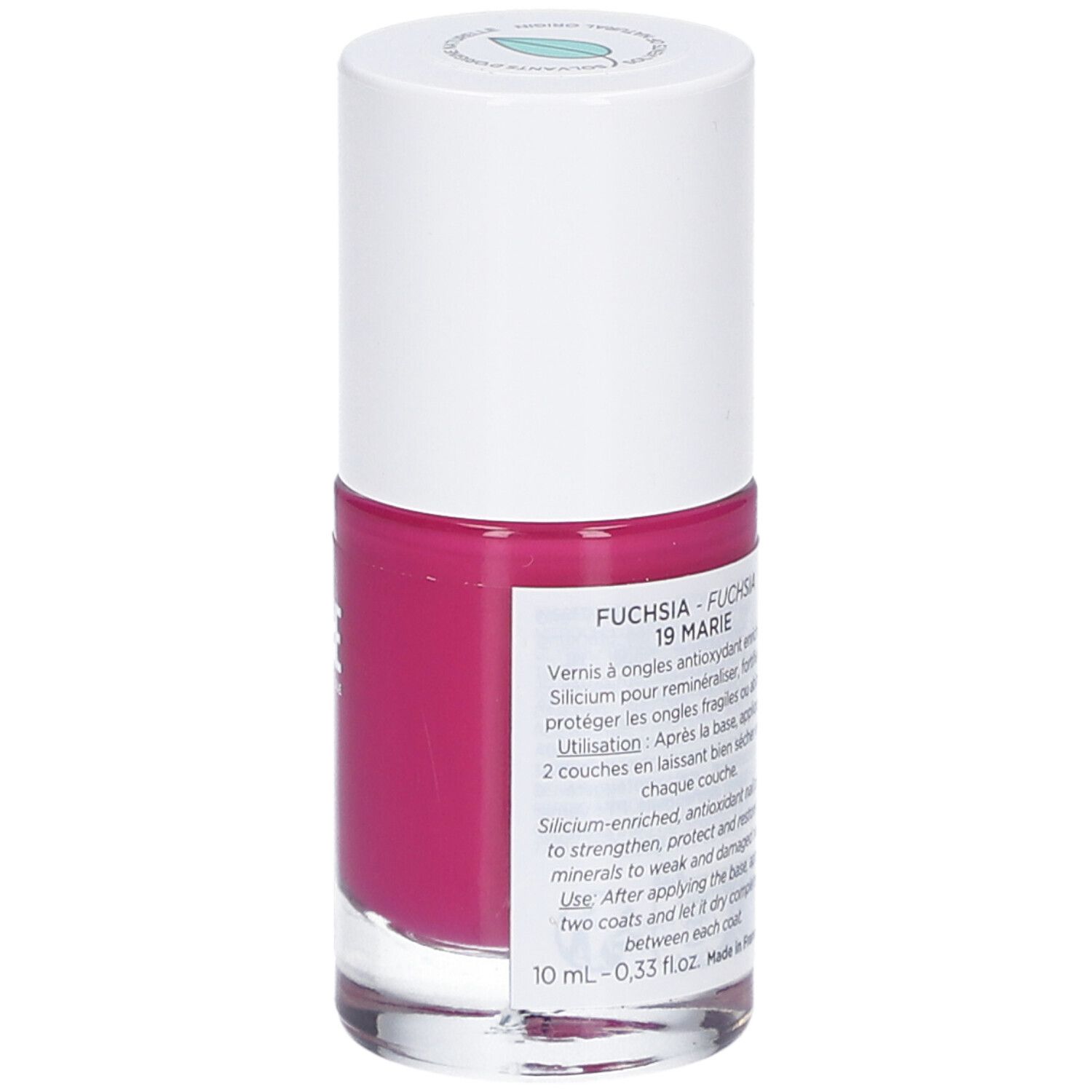 Nagellackflasche, pink. Aufschrift: Fuchsia 19 Marie. Rückseite mit Text und Volumen.