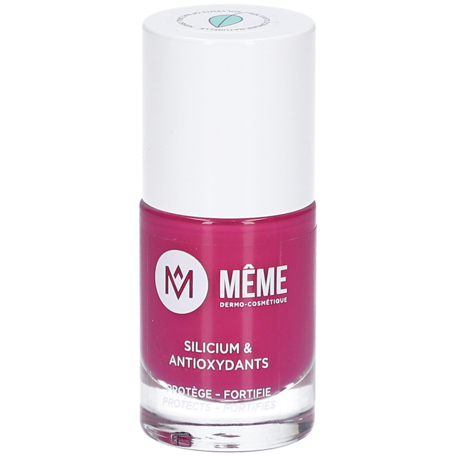 Nagellackflasche, pink. Weißer Deckel. Aufschrift: MÊME, Silicium & Antioxidantien.
