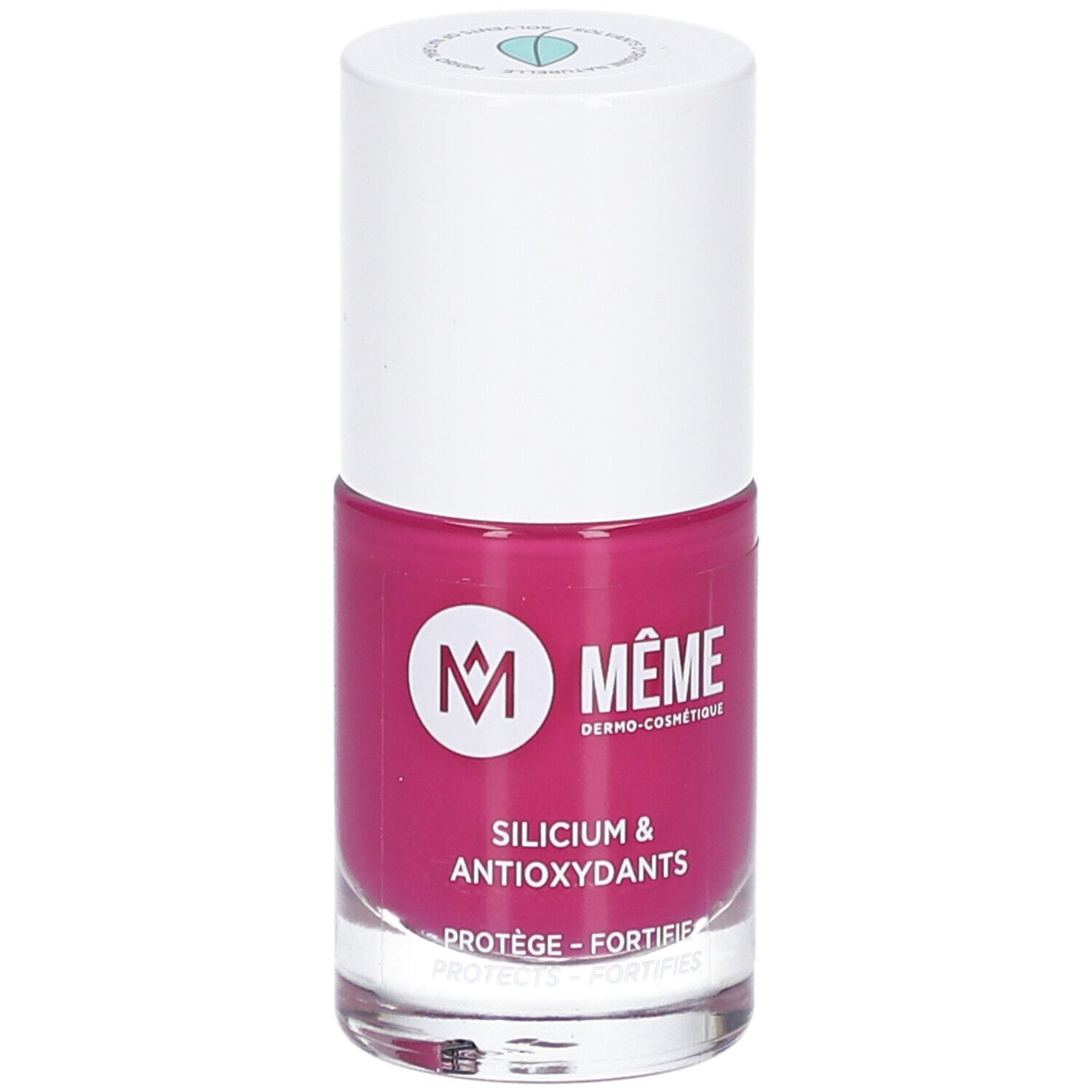 Nagellackflasche, pink. Weißer Deckel. Aufschrift: MÊME, Silicium & Antioxidantien.