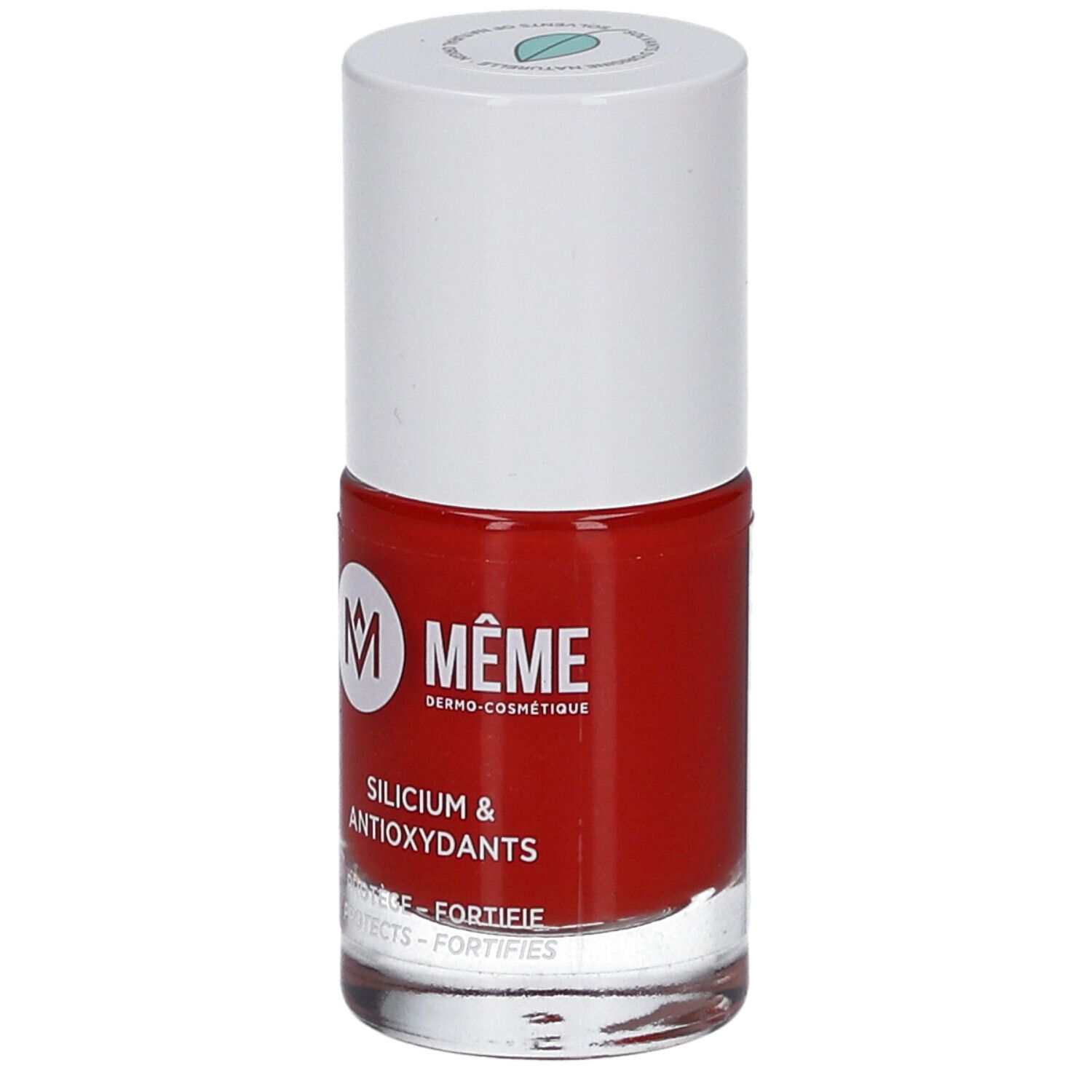 Nagellackflasche, rot. Weißer Deckel. Aufschrift: MÊME, Silicium & Antioxidantien.