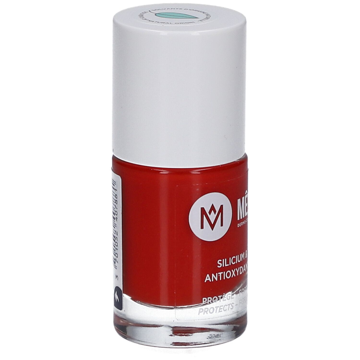 Nagellackflasche, rot. Weißer Deckel. Aufschrift: MÊME, Silicium & Antioxidantien.