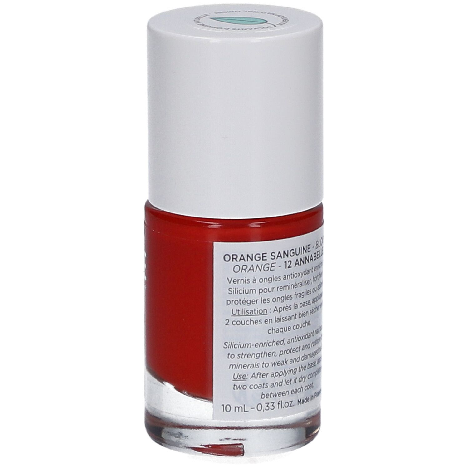 Rote Nagellackflasche. Weißer Deckel. Aufkleber mit Text. Rückseite. 10 ml.