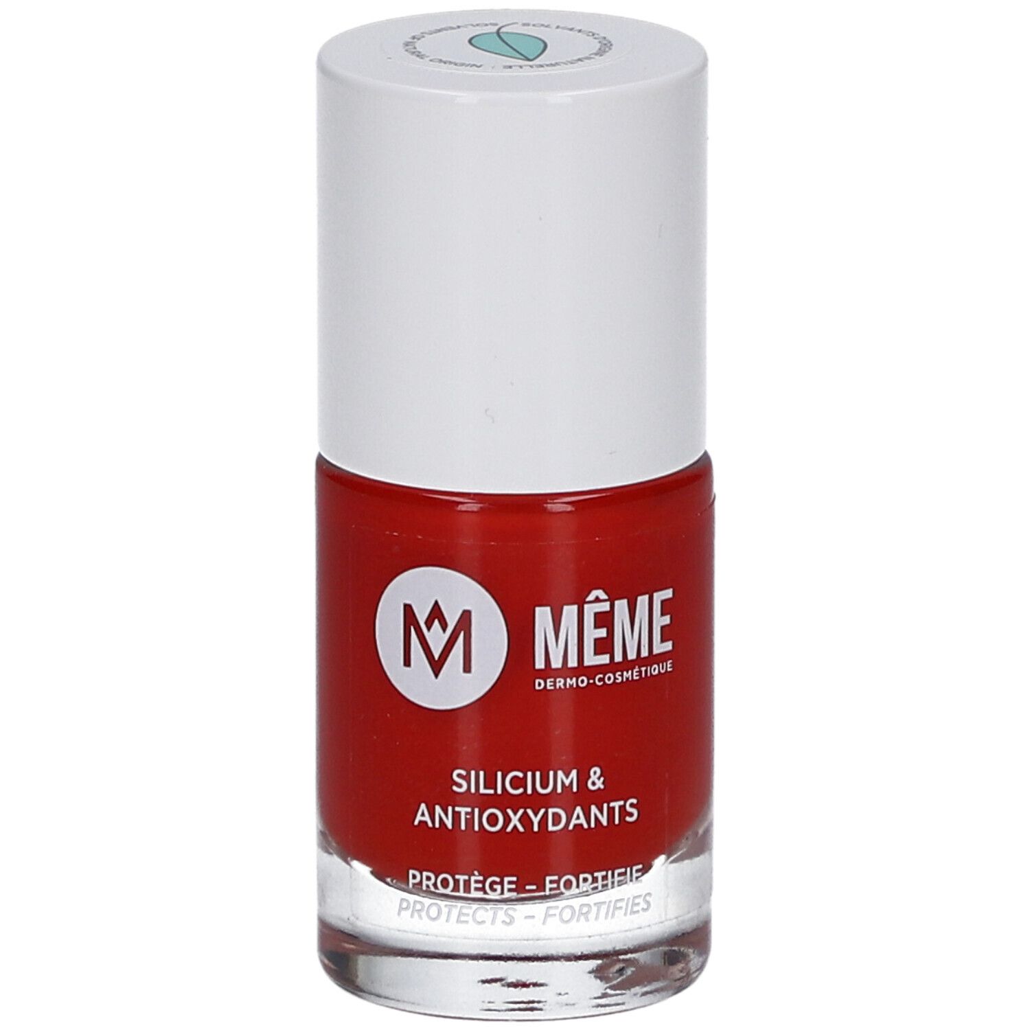 Nagellackflasche, rot. Weißer Deckel. Aufschrift: MÊME, Silicium & Antioxidantien.