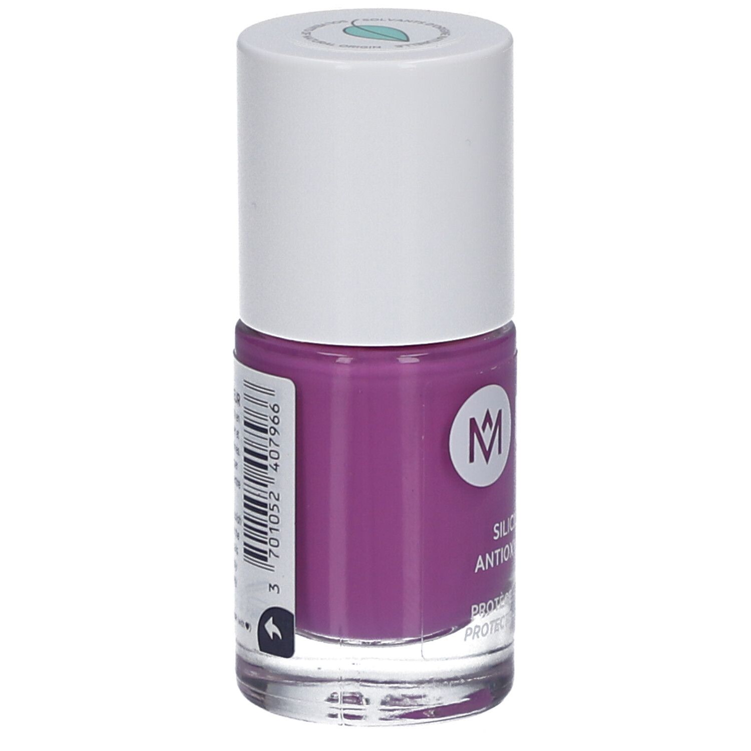 Nagellackflasche, lila Inhalt. Weißer Deckel. Aufschrift: MÊME. Etikett mit Barcode.