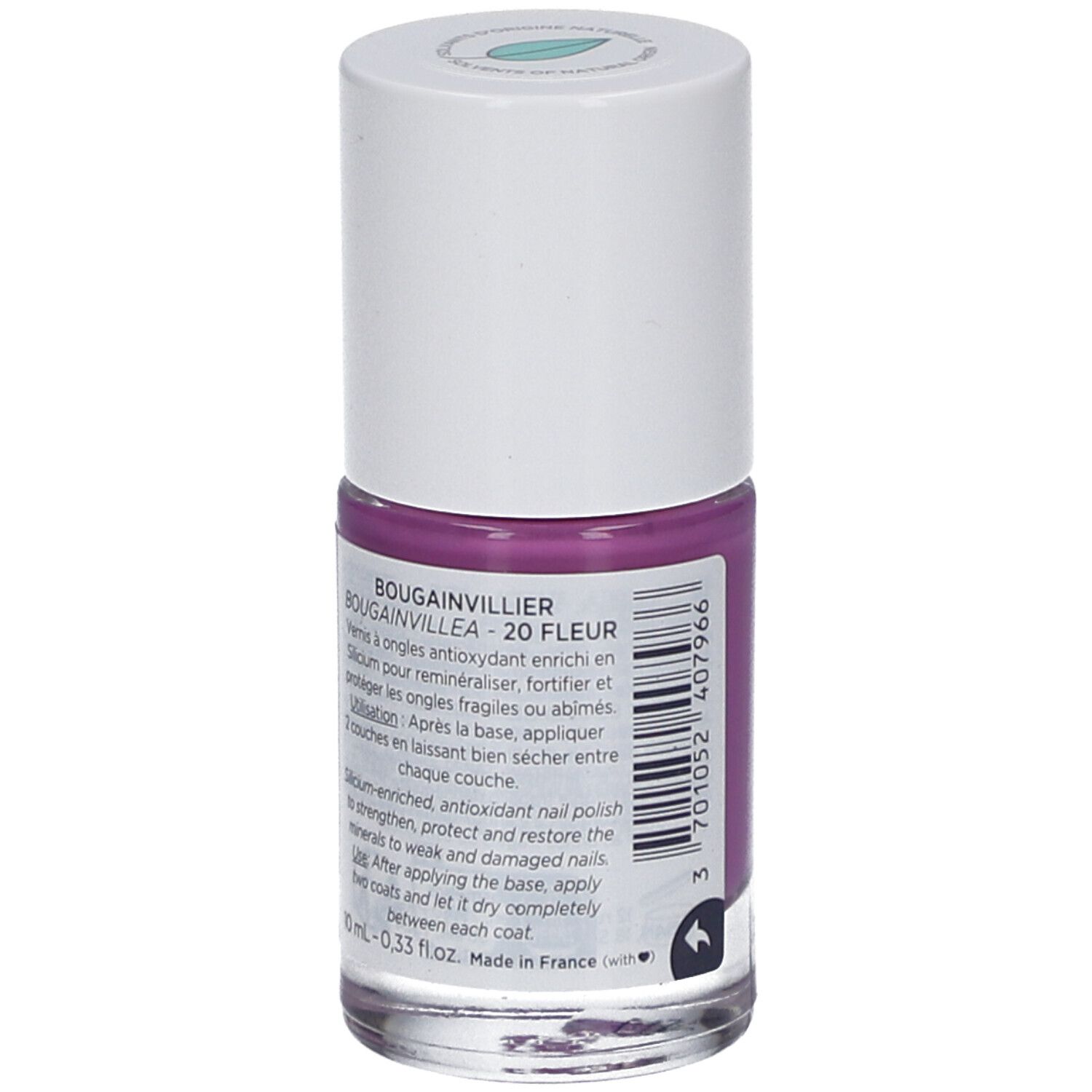 Nagellackflasche, lila Inhalt. Weißer Deckel. Etikett mit Text: Bougainvillea 20 Fleur, Silicium.