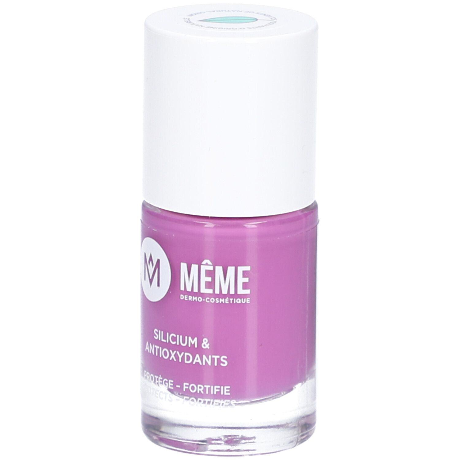 Nagellackflasche mit rosa Inhalt. Weißer Deckel. Aufschrift: MÊME, Silicium & Antioxidantien.