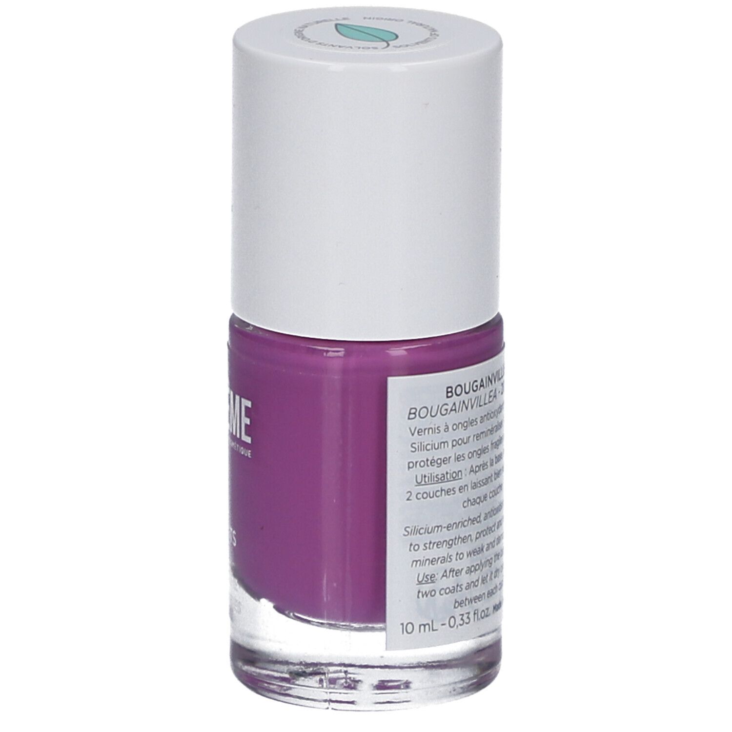 Nagellackflasche, lila Inhalt. Weißer Deckel. Etikett mit Text: Bougainvillea, 10 ml.