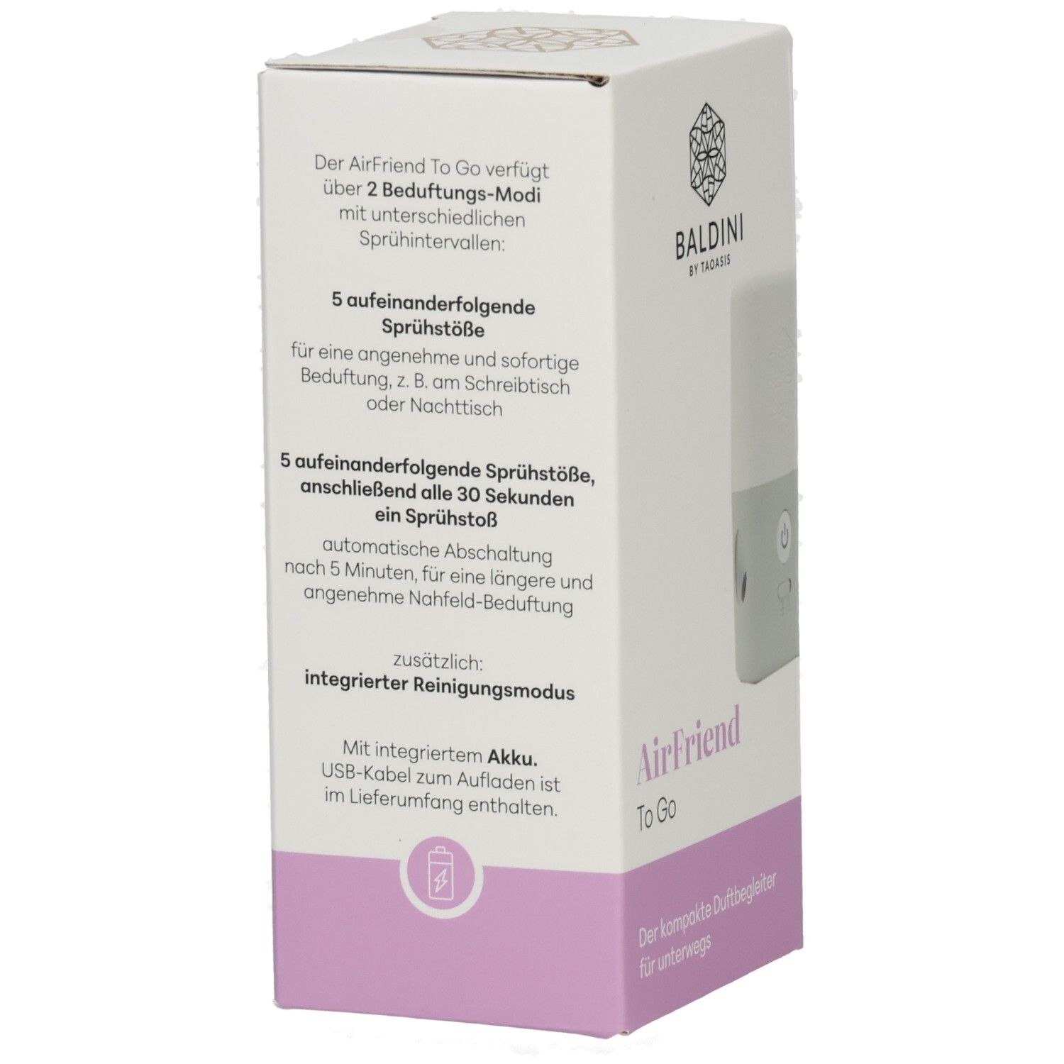 BALDINI AirFriend To Go Verpackung Rückseite: 2 Modi, 5 Sprühstöße, Reinigungsmodus, Akku.