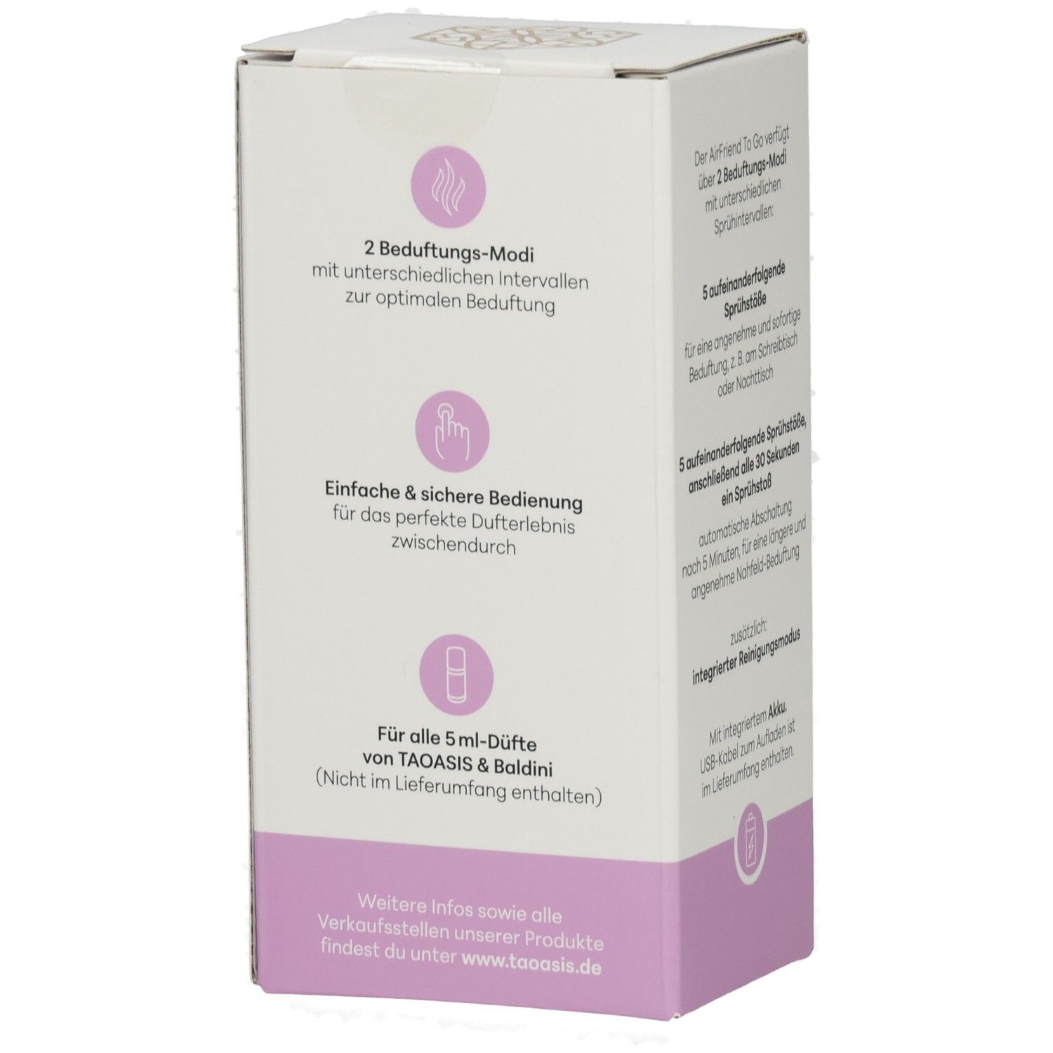 BALDINI AirFriend To Go Verpackung Seite: 2 Modi, einfache Bedienung, für 5ml Düfte.