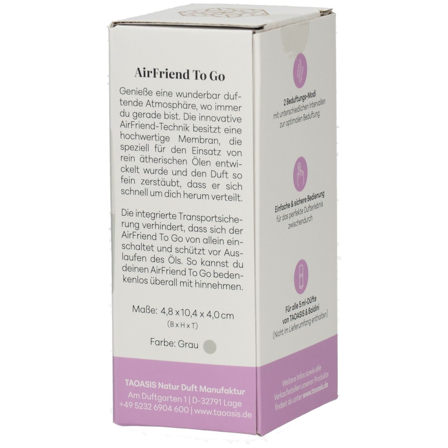BALDINI AirFriend To Go Verpackung Seite: Maße, Farbe Grau, Herstellerangaben.