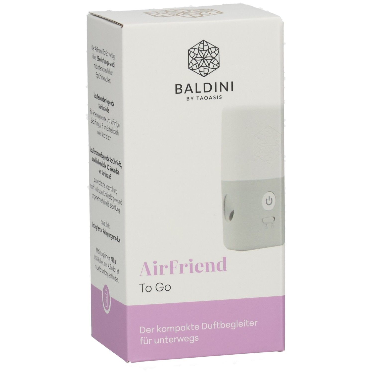 BALDINI AirFriend To Go, kompakt, grau. Vorderseite der Verpackung mit Produktabbildung.