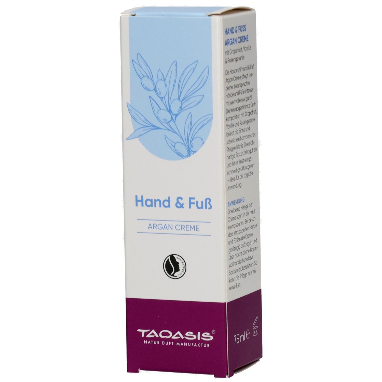 Verpackung für TAOASIS Hand & Fuß Argan Creme mit Arganzweig-Illustration und 75ml Angabe.