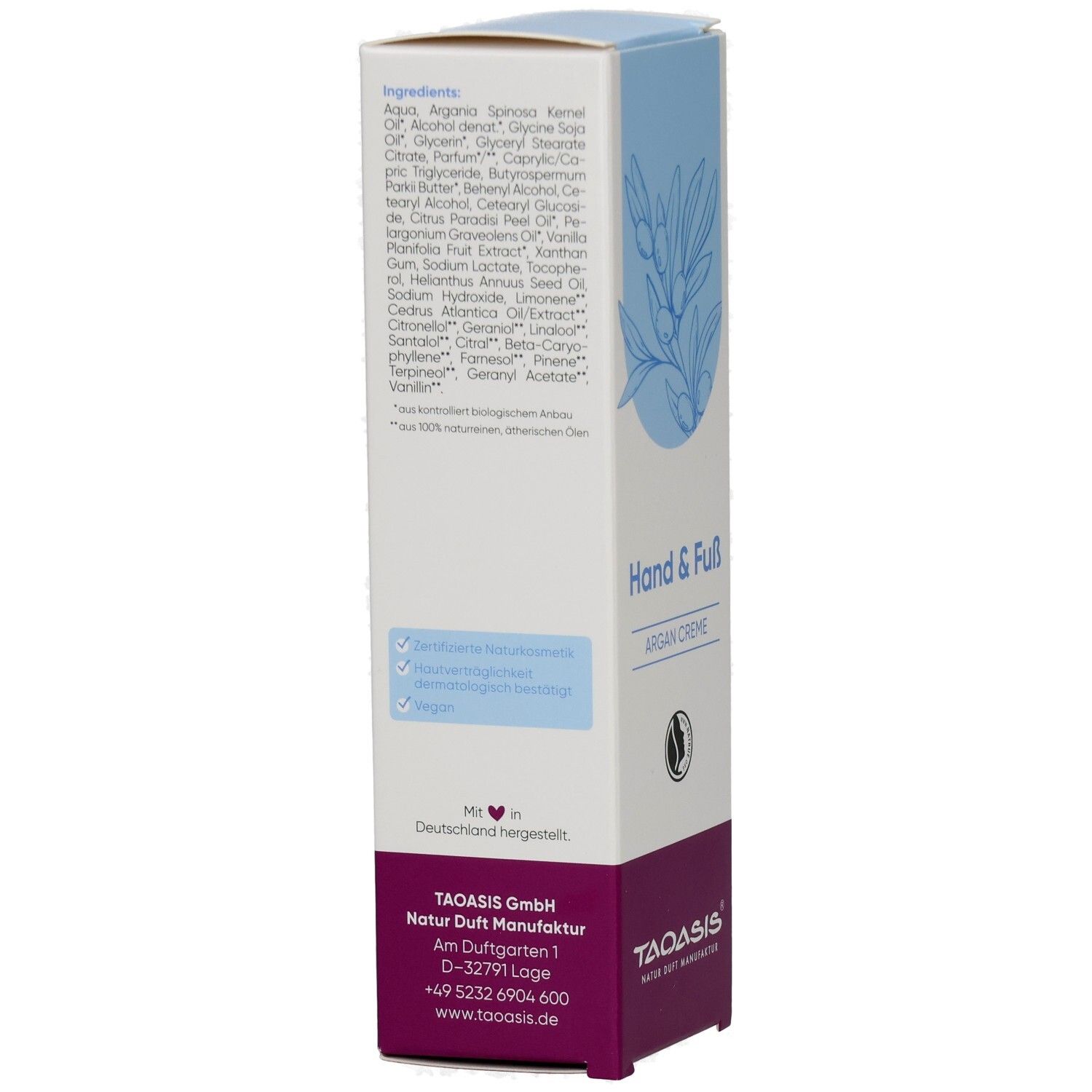 Rückseite der TAOASIS Hand & Fuß Argan Creme Verpackung mit Inhaltsstoffliste und Siegeln.